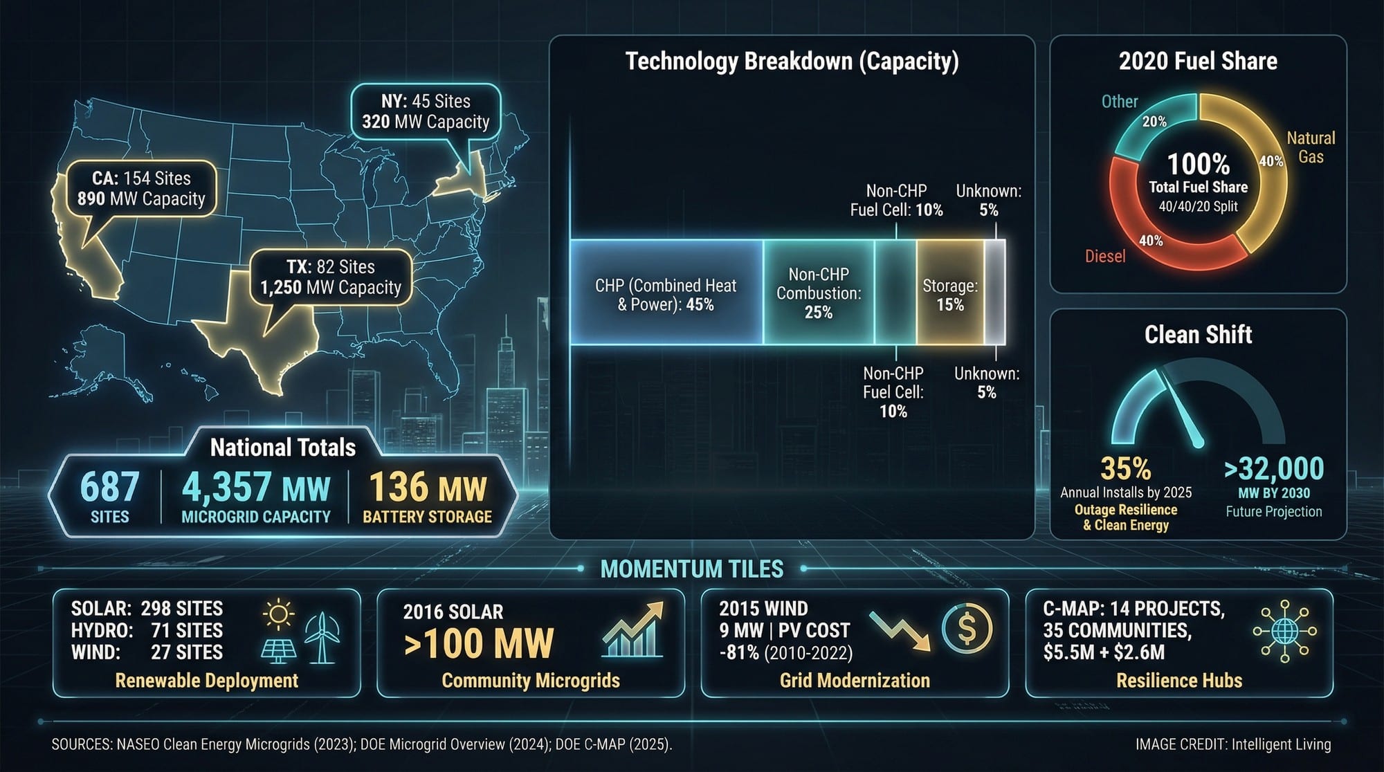 A cinematic data dashboard showing U.S. microgrid totals, top states, fuel mix, renewable growth signals, and community resilience hub acceleration.