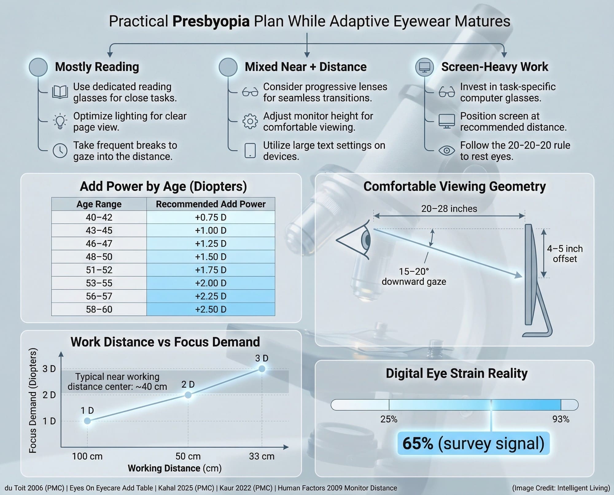 Practical guide infographic showing presbyopia management strategies, add power by age, screen ergonomics, and digital eye strain data.