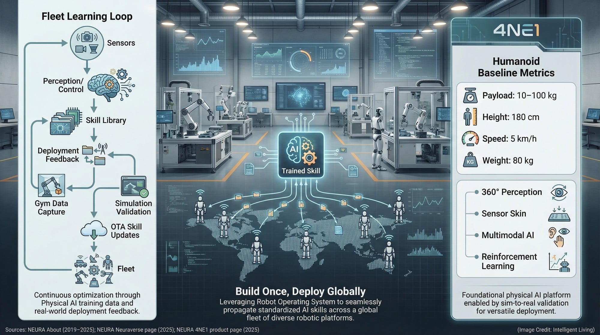 Diagram of Neuraverse-style fleet learning and physical training loop alongside key humanoid specs.