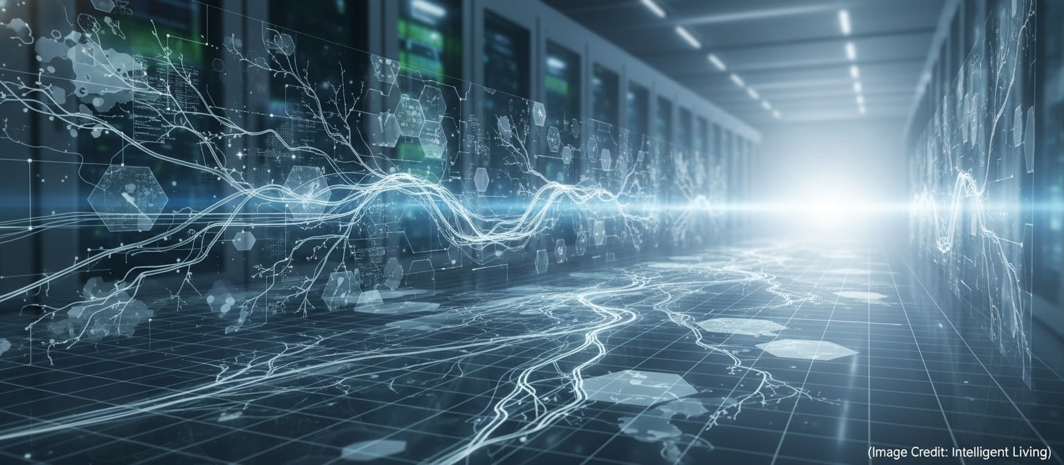 Hyperwide futuristic data-lab scene showing layered biological maps and a branching roadmap graphic, symbolizing future digital twin biology and current compute limits.