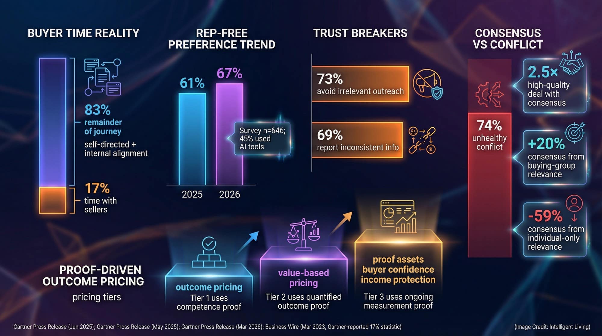 Data visualization showing buyer preference for rep-free experiences, outreach avoidance, decision conflict, consensus impact, and proof-driven pricing tiers to explain outcome pricing.