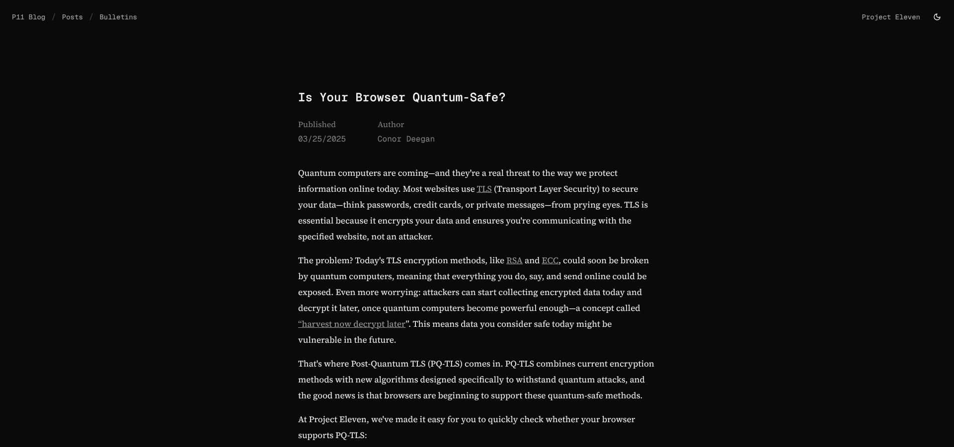 Project Eleven quantum-safe browser check screenshot showing hybrid X25519 Kyber verdict