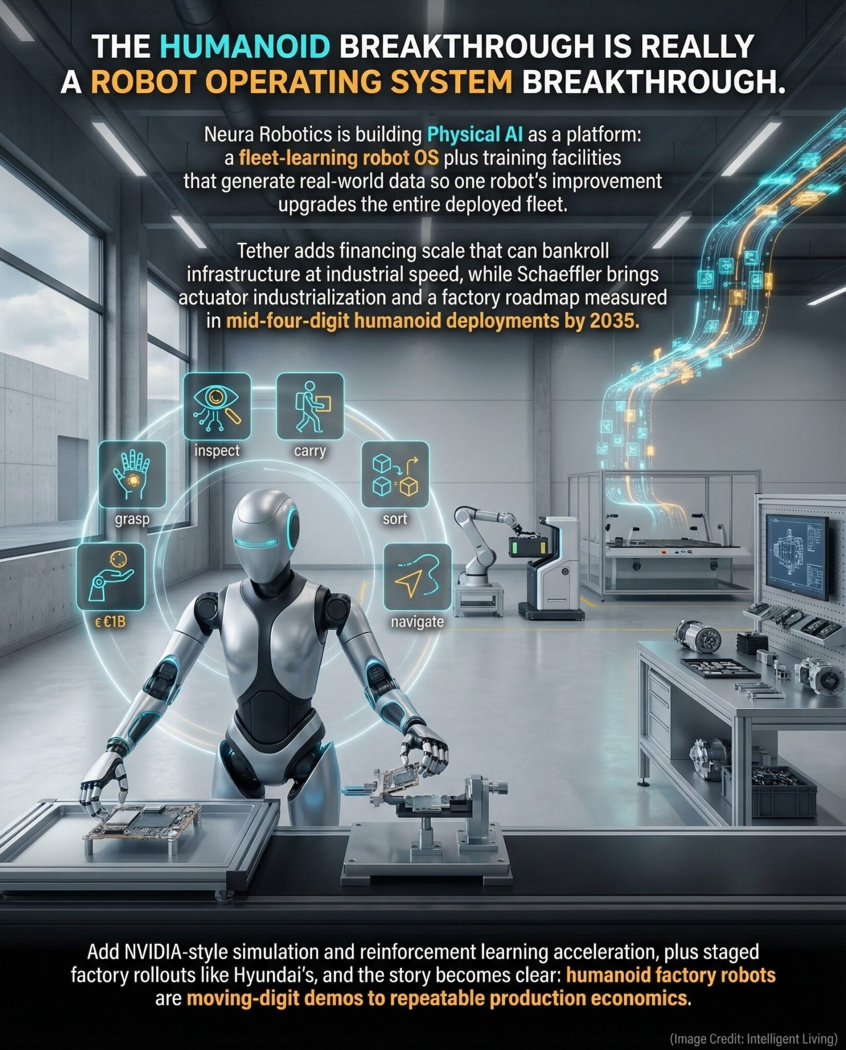 Cinematic factory-grade humanoid robot scene with a "robot operating system + fleet learning" message tying together Neura's platform, Tether financing scale, and Schaeffler industrial deployment.