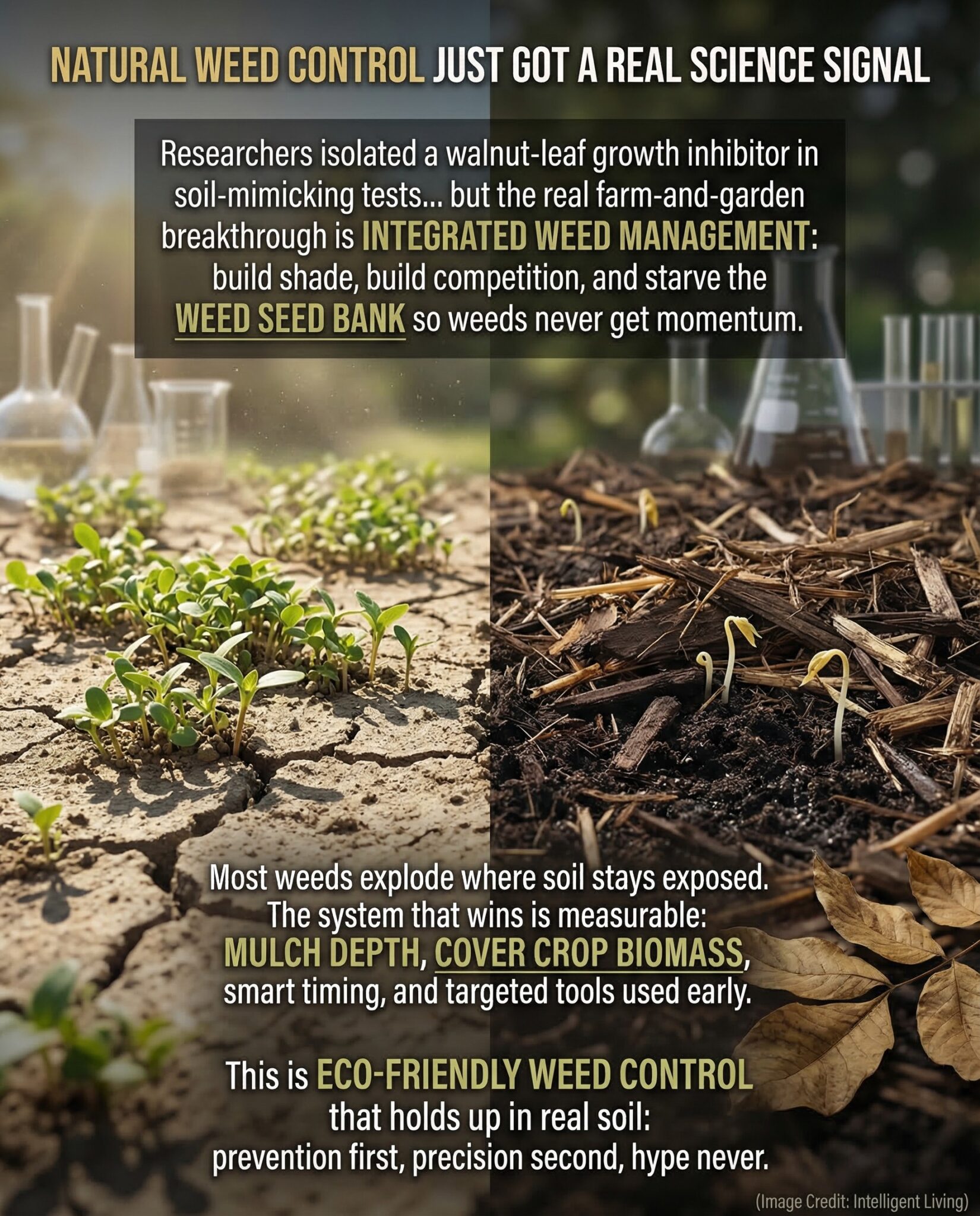 Split-scene meme contrasting bare soil weed eruption versus shaded soil under mulch and cover-crop residue, framed as an integrated weed management win.
