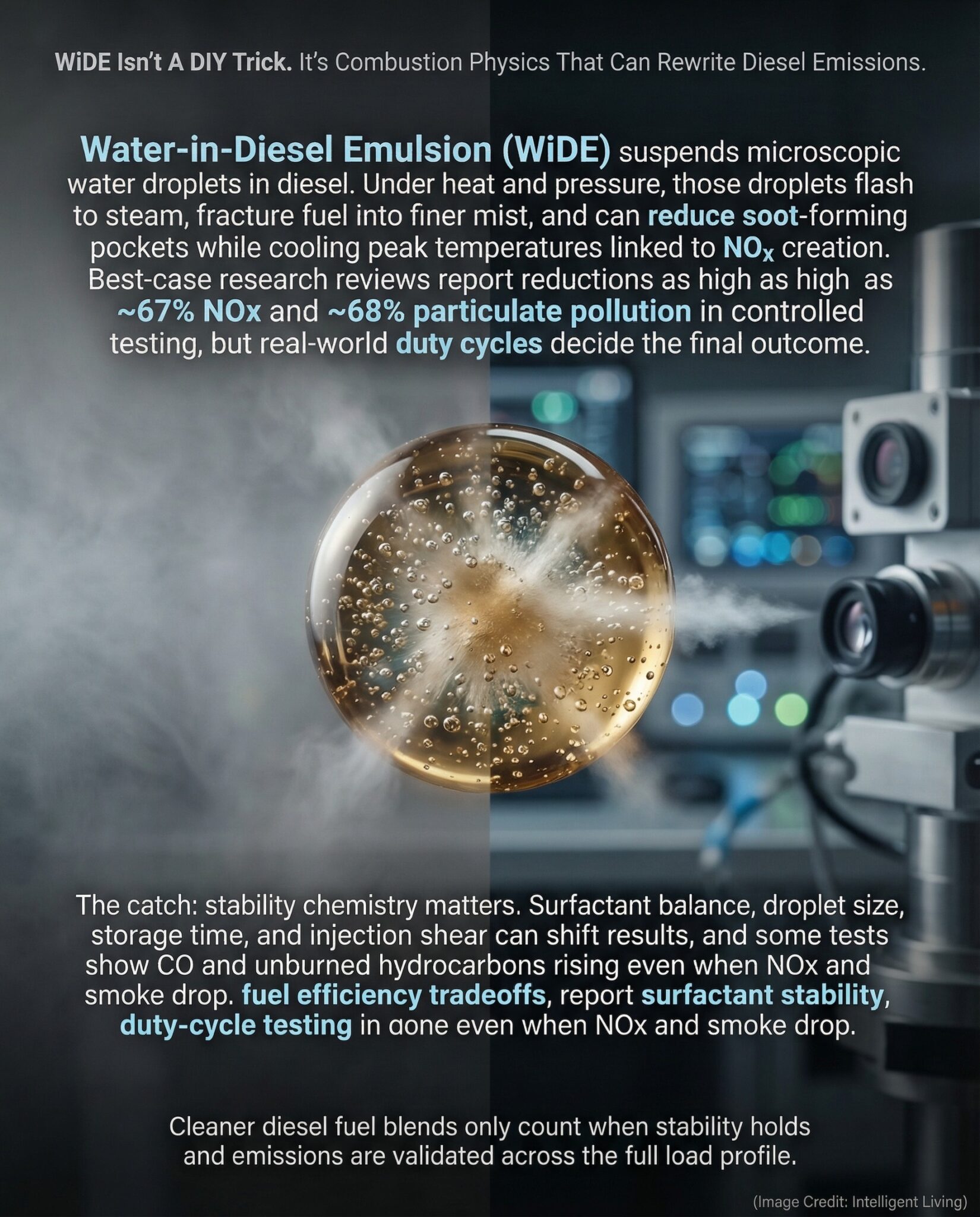 A cinematic macro fuel droplet with tiny water microdroplets inside, hinting at micro-explosion atomization and cleaner diesel combustion.