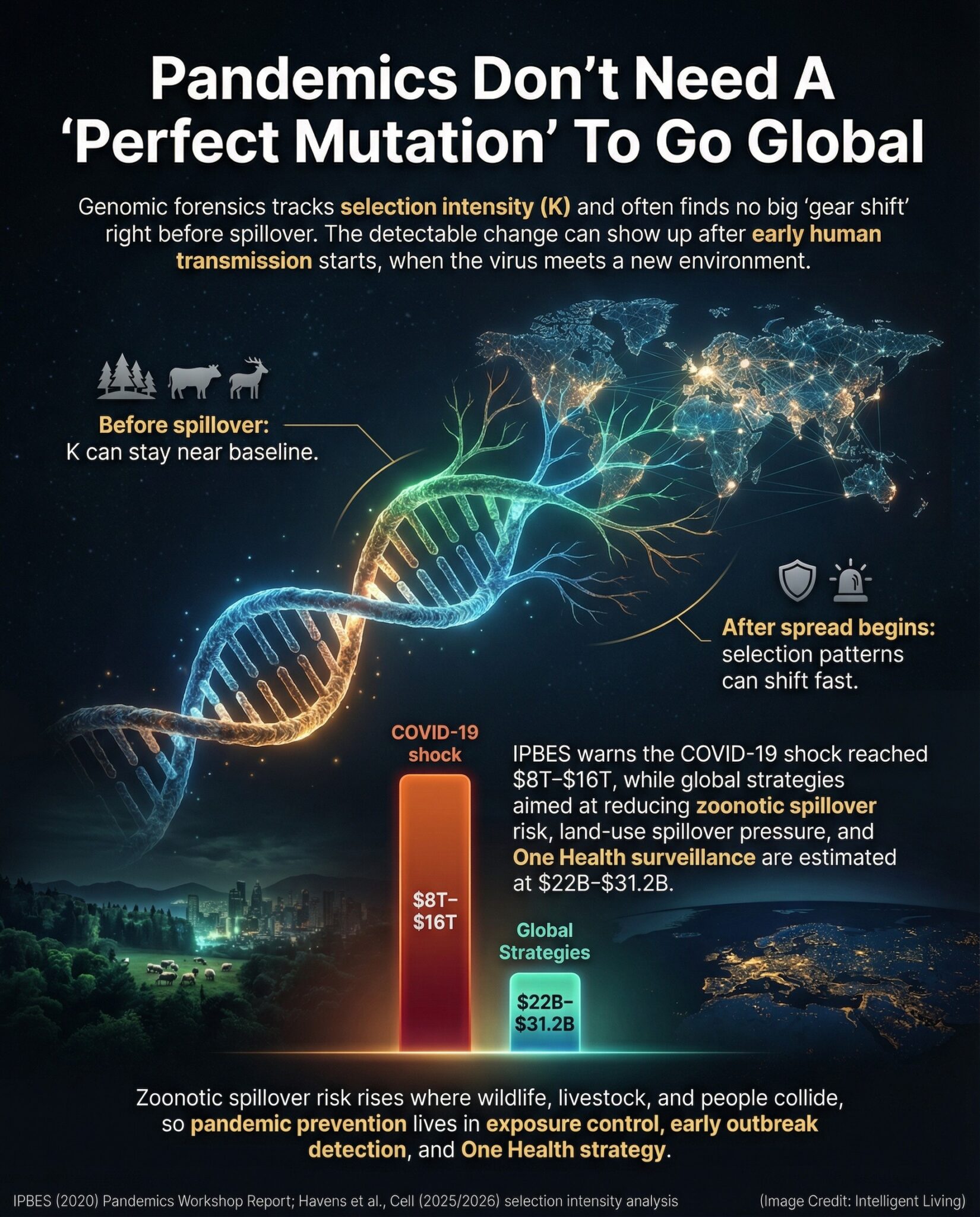 A bold, data-forward meme with cinematic DNA imagery and a cost comparison visual, explaining that pandemic spread often depends on spillover opportunity and detection speed more than a perfect mutation.