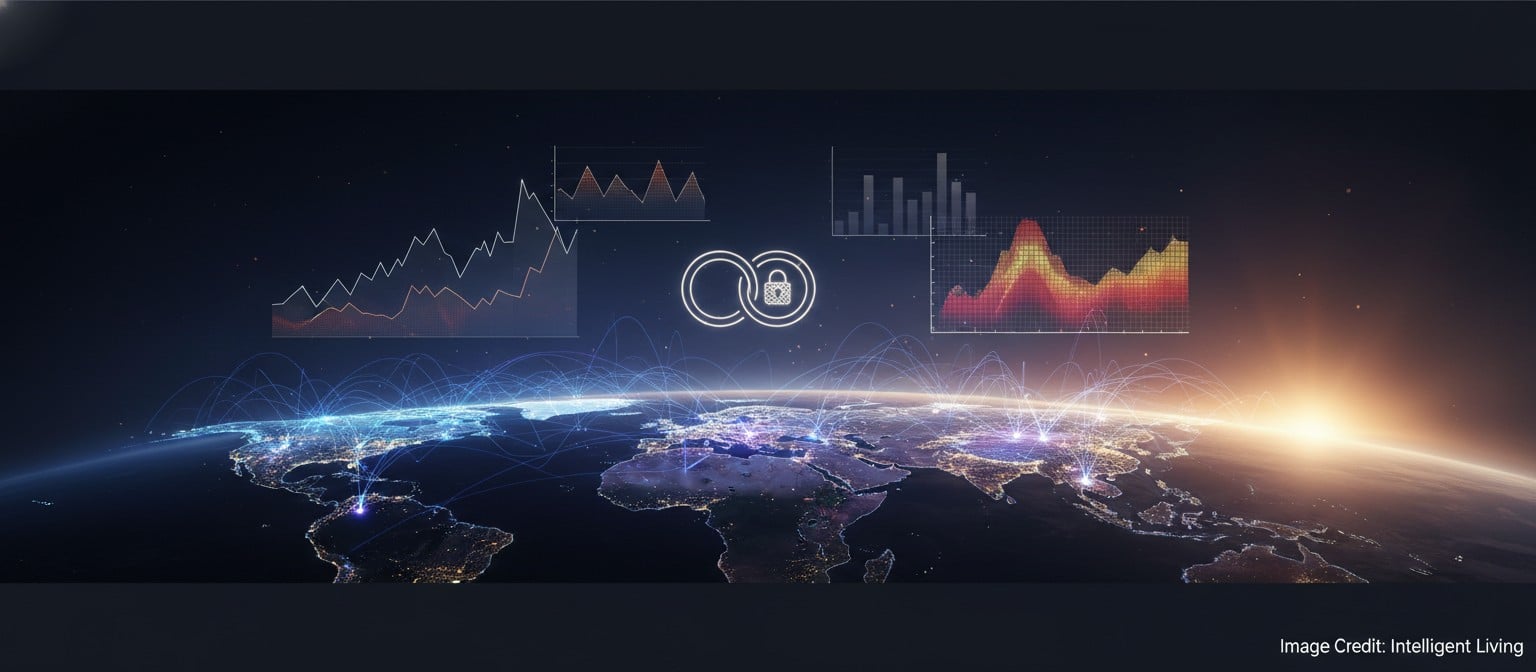 Panoramic scene of a global fiber network map with glowing nodes, layered with abstract performance charts and a secure lock motif.