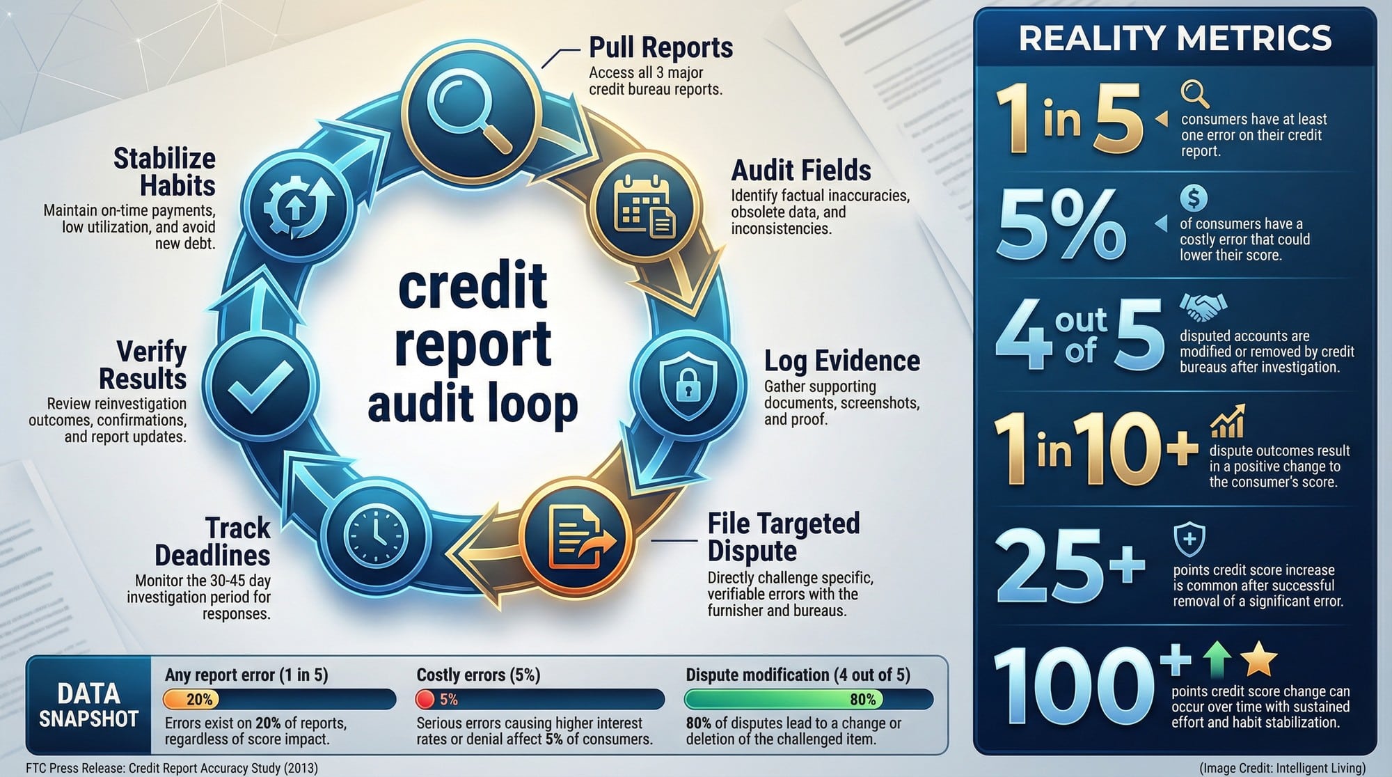 Data-rich circular diagram showing a repeatable credit reputation recovery loop with real error prevalence and dispute outcome statistics, designed for fast understanding and SEO clarity.
