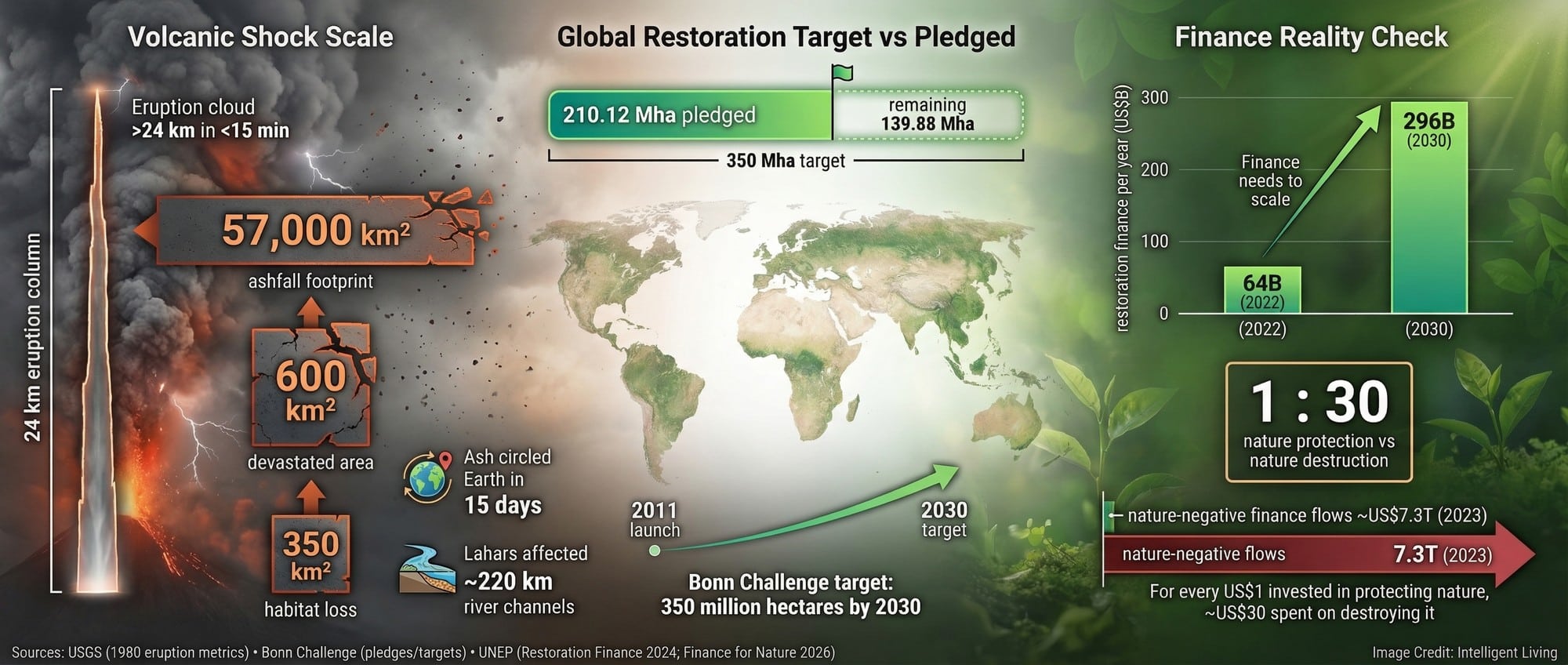 Comparative scale graphic linking a local disturbance-recovery lab to global restoration targets and implementation pace.