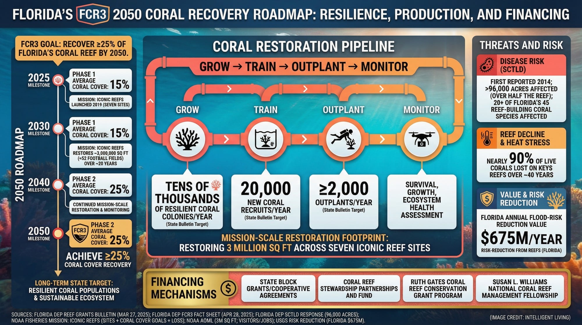 A roadmap graphic showing Florida's FCR3 2050 recovery target, coral production and outplanting numbers, disease and heat risks, and future funding mechanisms.