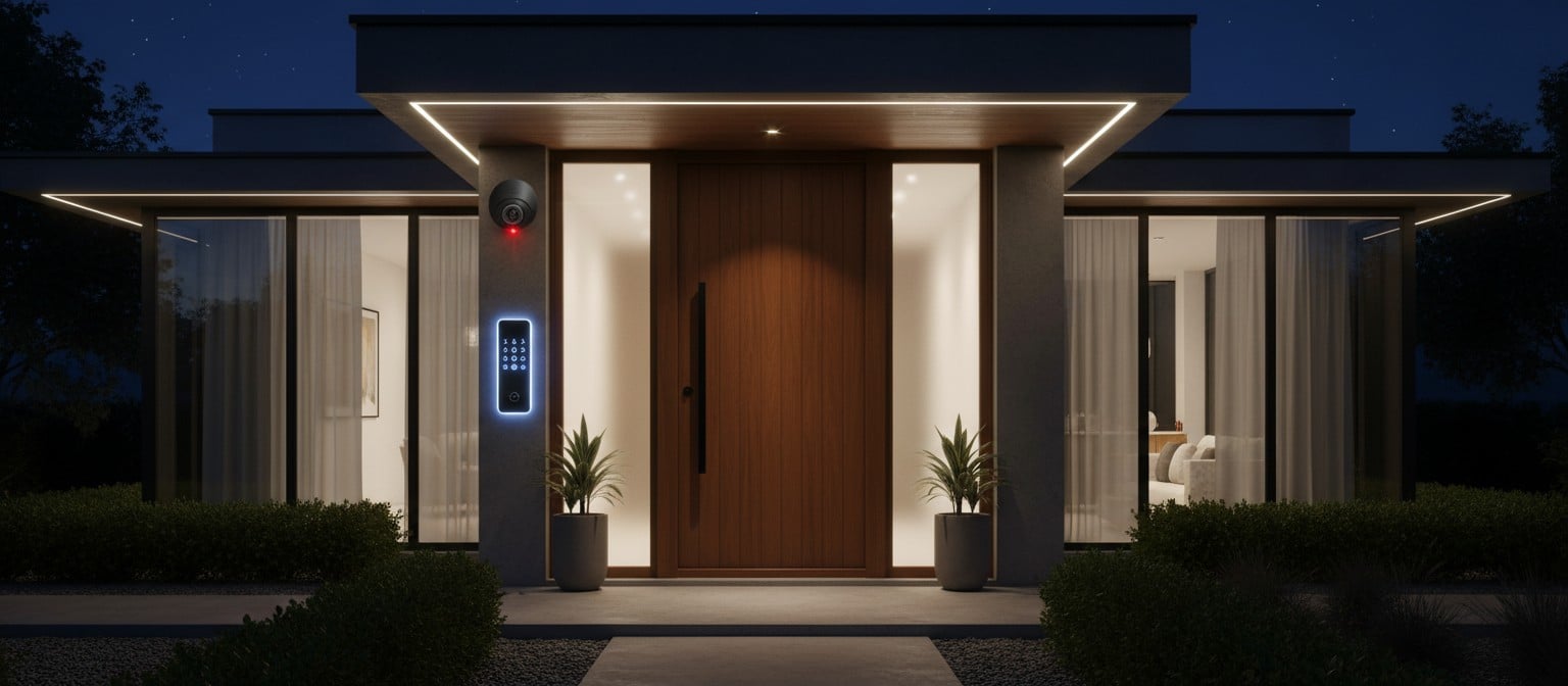 A secure house at night with a glowing digital lock and outdoor security camera.