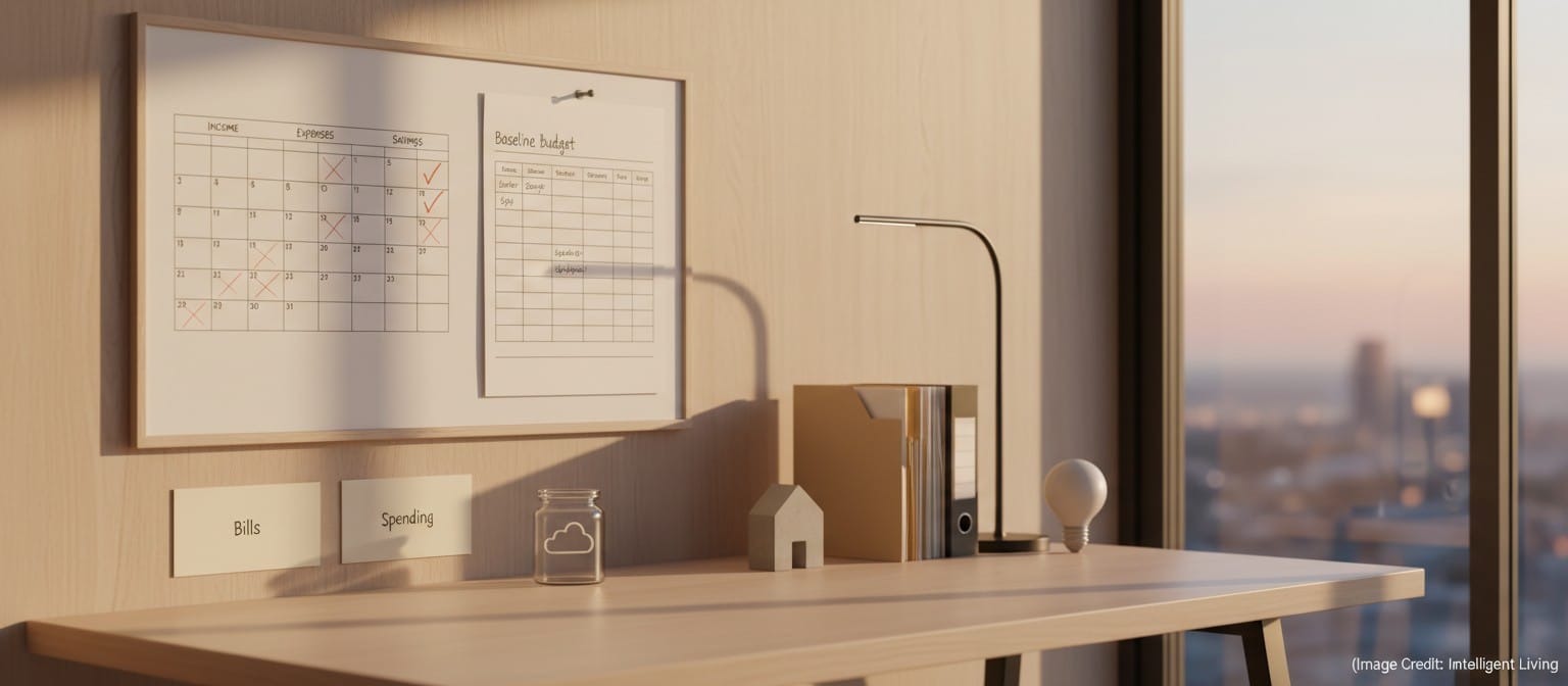 Calm, empowering closeout scene showing budgeting stability tools and a finished plan.