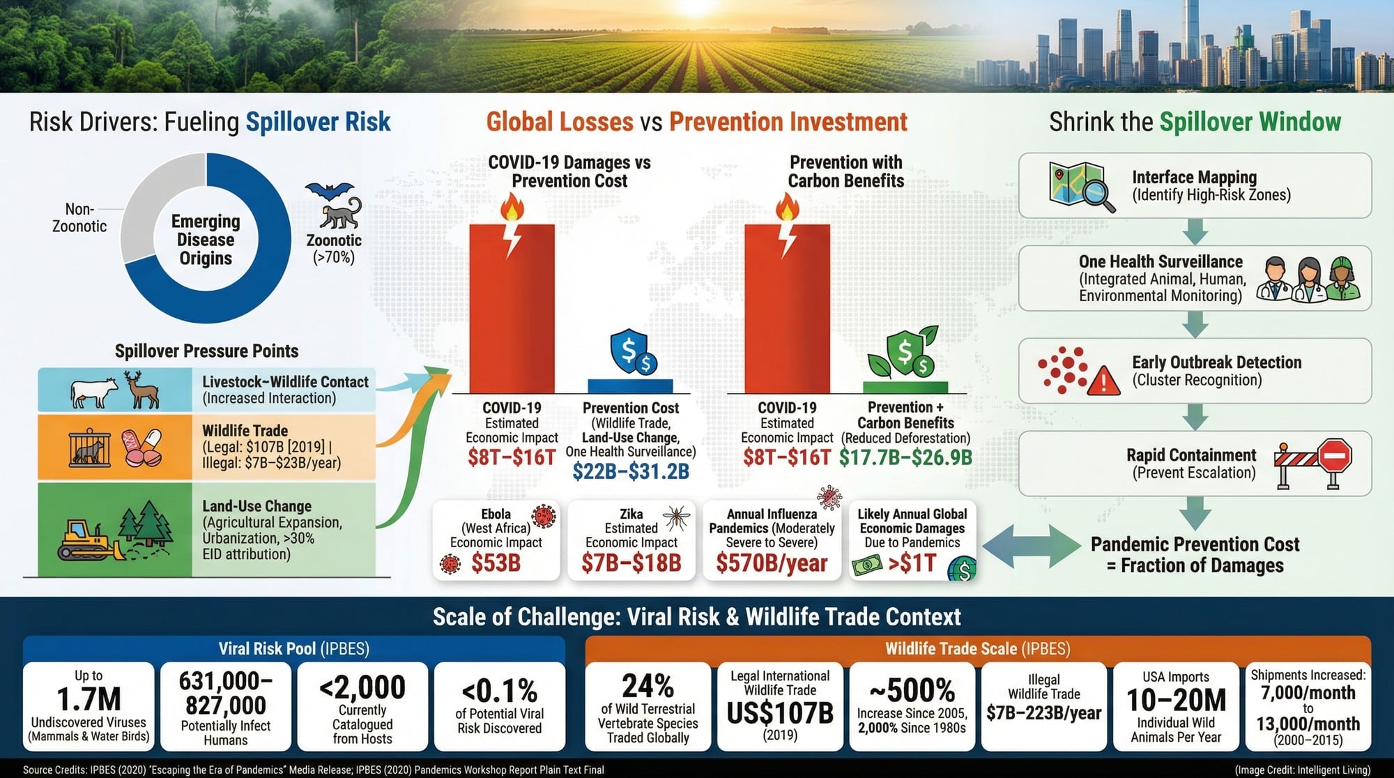 A data-heavy infographic showing how land-use change, wildlife trade, and economic impacts connect to spillover risk, and how prevention-at-source and One Health surveillance reduce outbreak escalation.