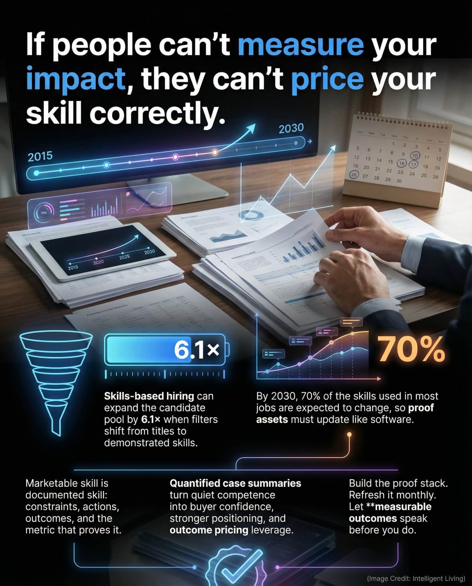 Data-driven meme showing a modern skills marketplace with proof documents, a hiring funnel, and a fast-moving skill-change timeline, emphasizing proof assets and measurable outcomes for career marketing.