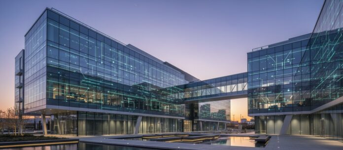 smart-building-architecture A modern smart building with a glass facade and integrated technology features, showcasing futuristic architecture at dusk.