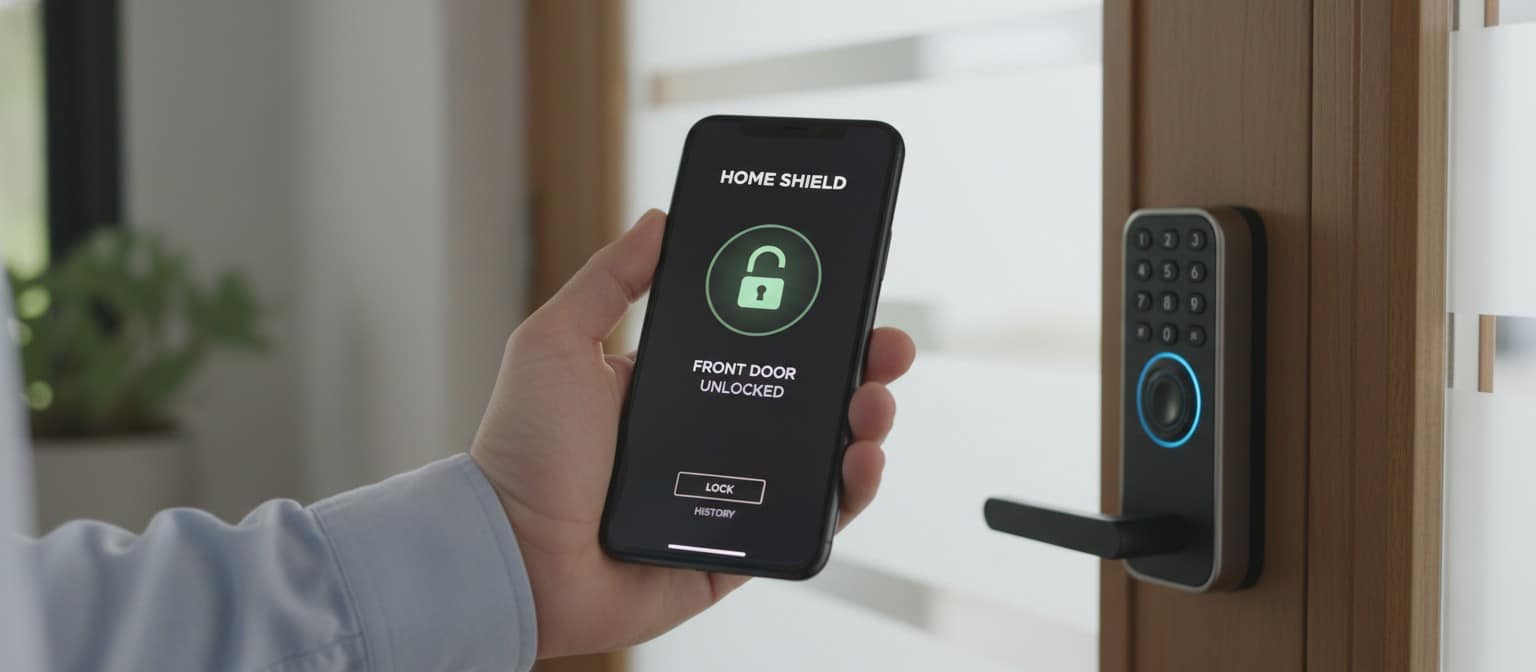 A homeowner holding a smartphone with an app interface connecting to a digital door lock.