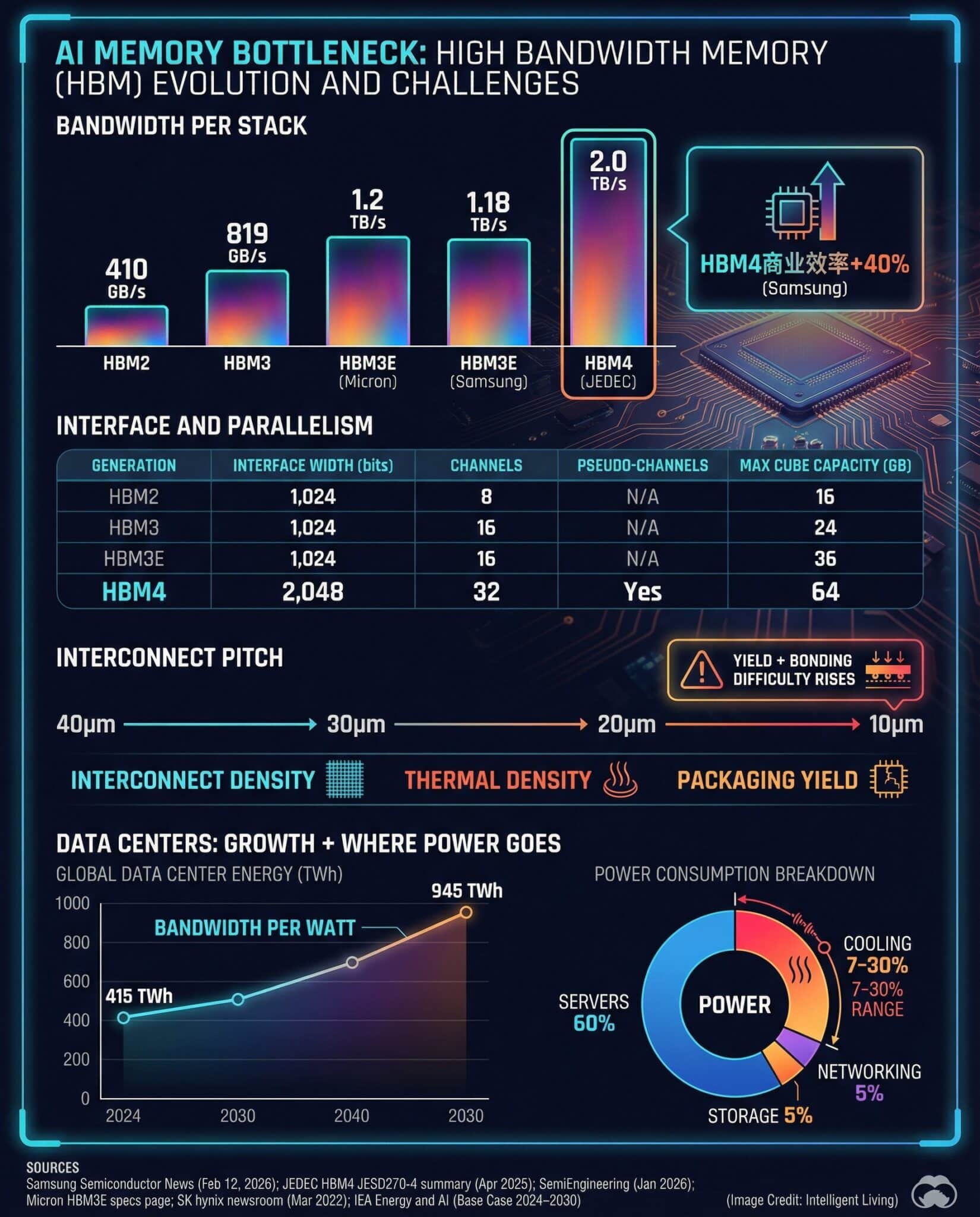 A data-rich visualization comparing HBM2, HBM3, HBM3E, and HBM4 bandwidth, channels, stack capacity, microbump pitch, and data center electricity growth tied to AI.