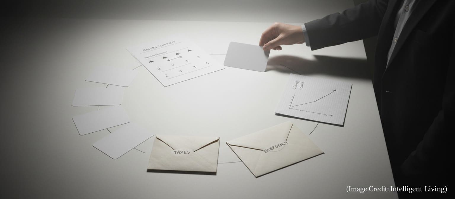 Ultra-wide cinematic photo of a calm, organized desk showing a loop of progress—proof documents, tiered offer cards, and a savings runway—symbolizing compounding career growth and financial stability.