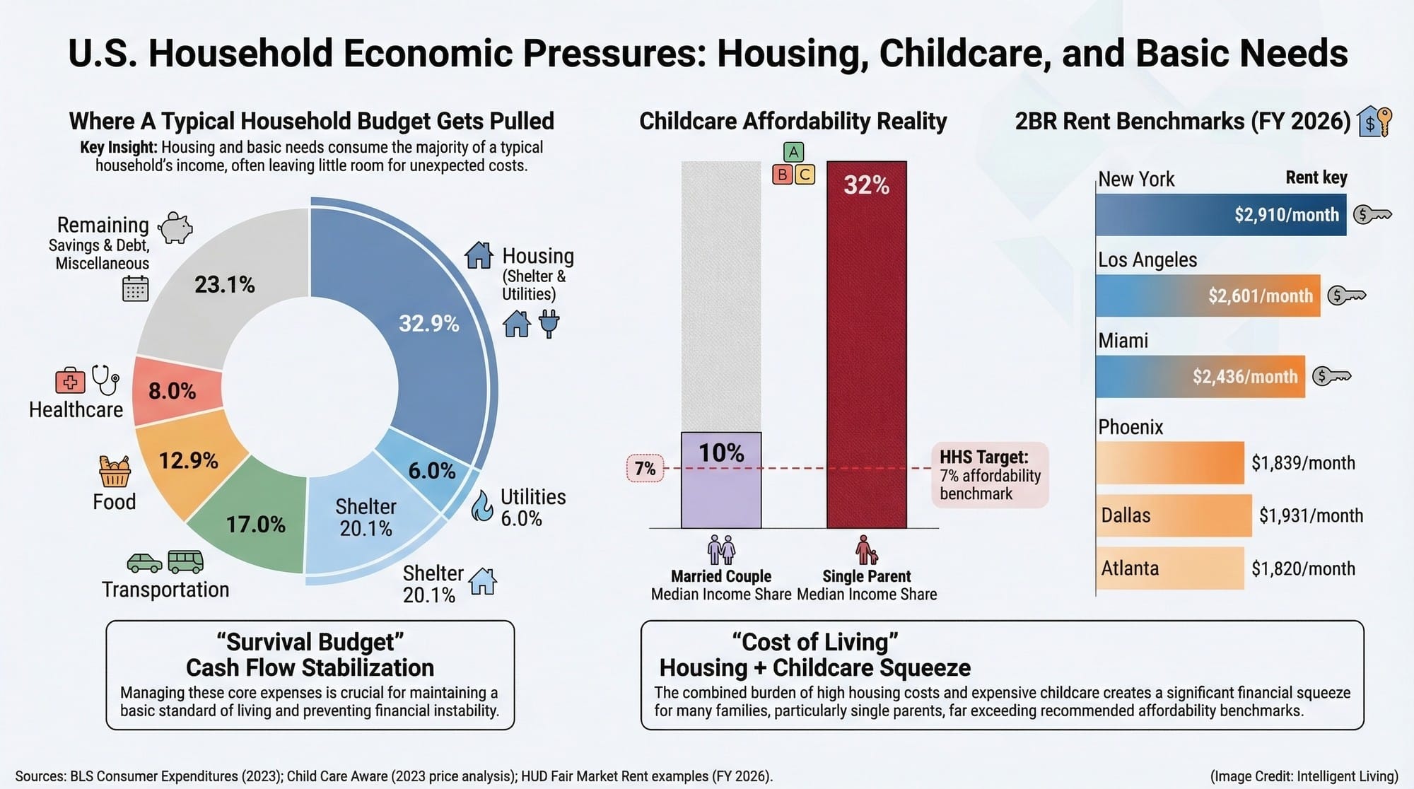A survival budget dashboard showing where money goes, childcare affordability pressure, and rent benchmarks across metros.