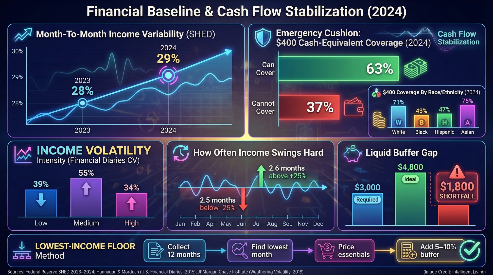 A data-rich visualization showing income variability, volatility intensity, emergency resilience, and the baseline method.