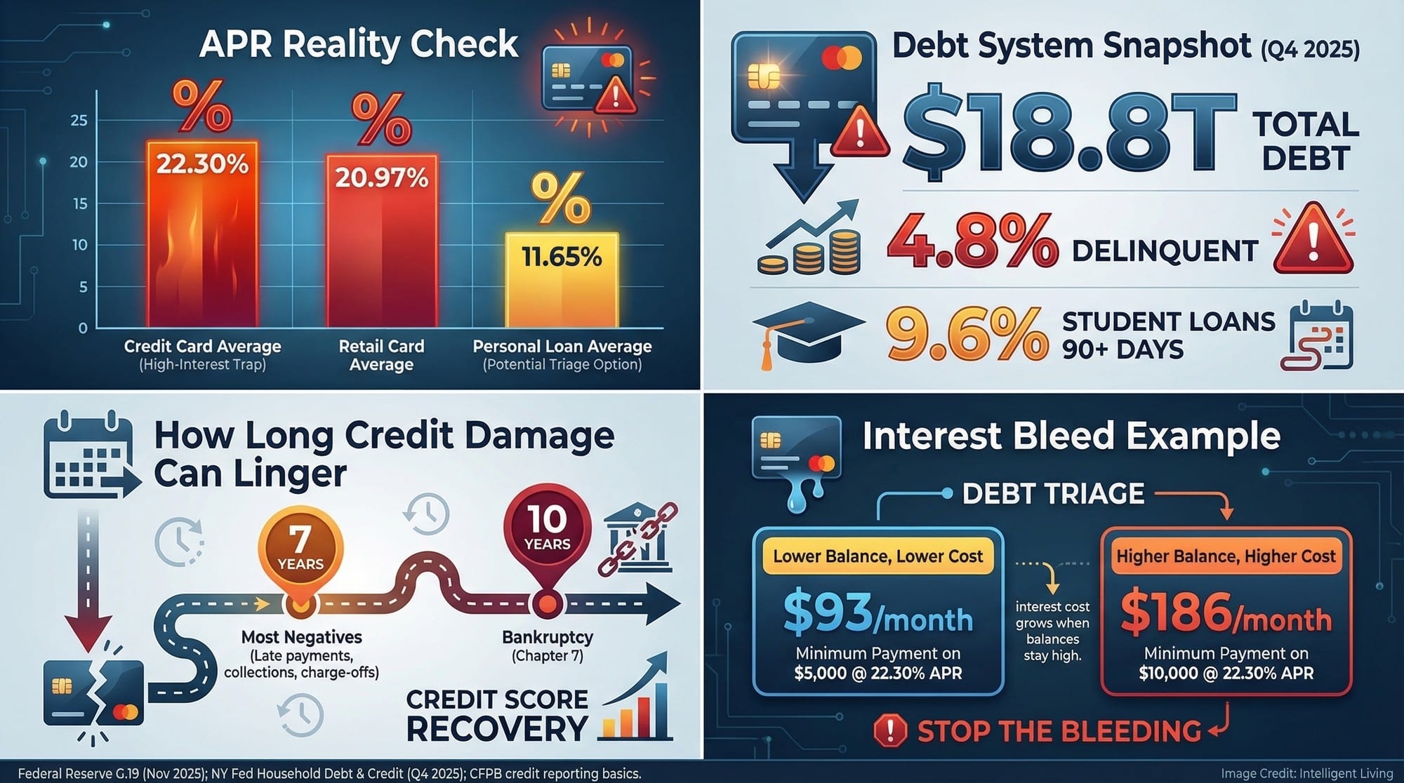 A debt and credit dashboard showing APR pressure, delinquency context, and how long negative marks remain on credit reports.