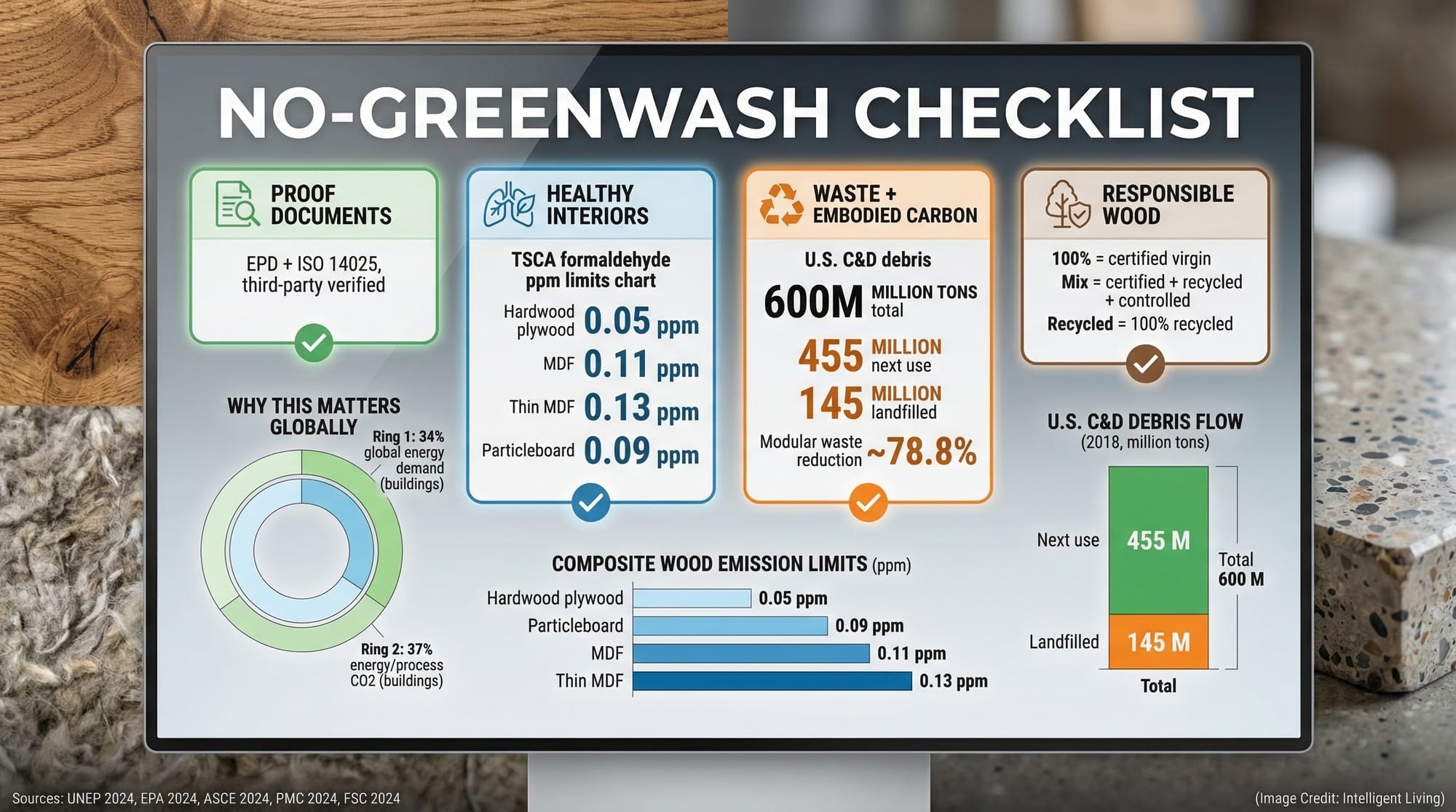 A high-impact sustainability checklist dashboard with formaldehyde limits, EPD standards, FSC labels, and construction waste totals.