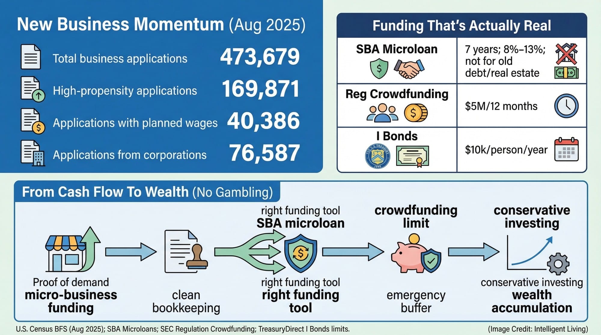 A small business and investing dashboard showing business formation volume, microloan terms, crowdfunding limits, and I-bond purchase limits.