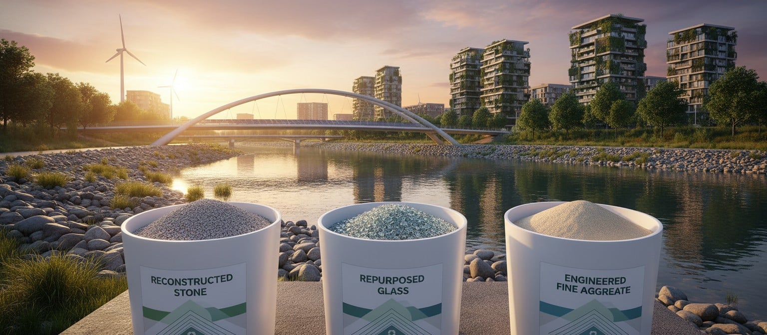 Wide futuristic scene of circular construction materials and restored waterways.