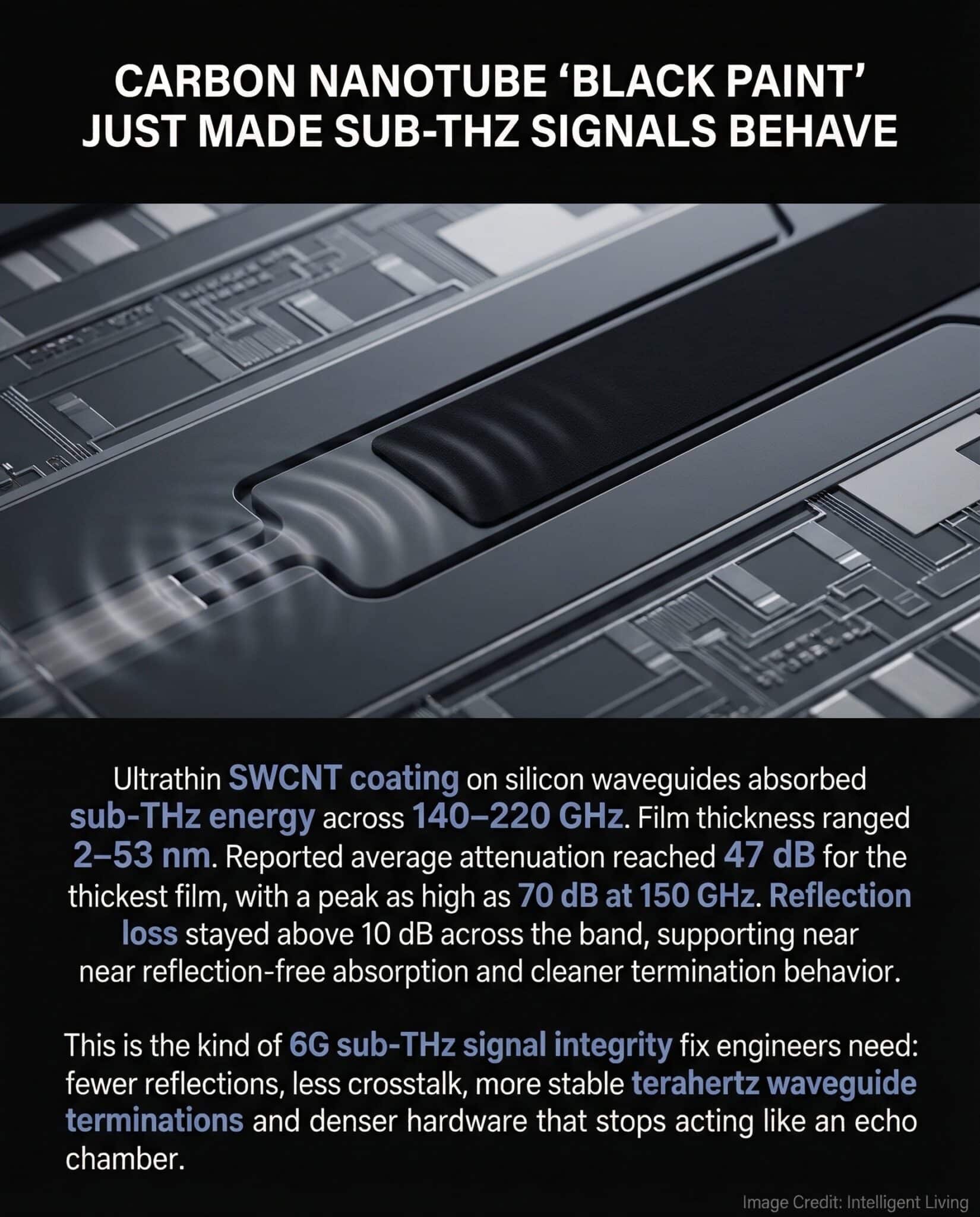 Cinematic chip macro showing a matte-black nanoscale coating "swallowing" wave-like energy with dense explanatory meme text.
