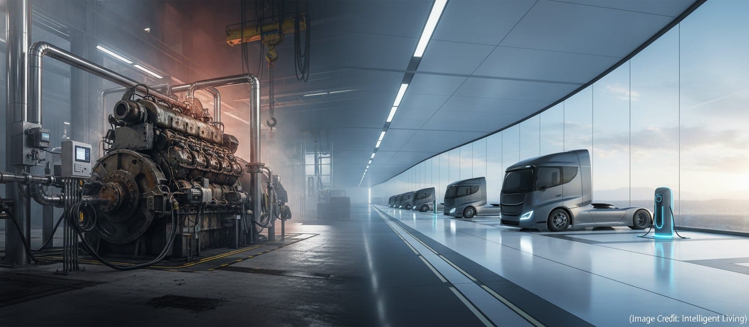 Panoramic industrial scene blending a diesel engine test bench with a cleaner, electrified freight future motif.