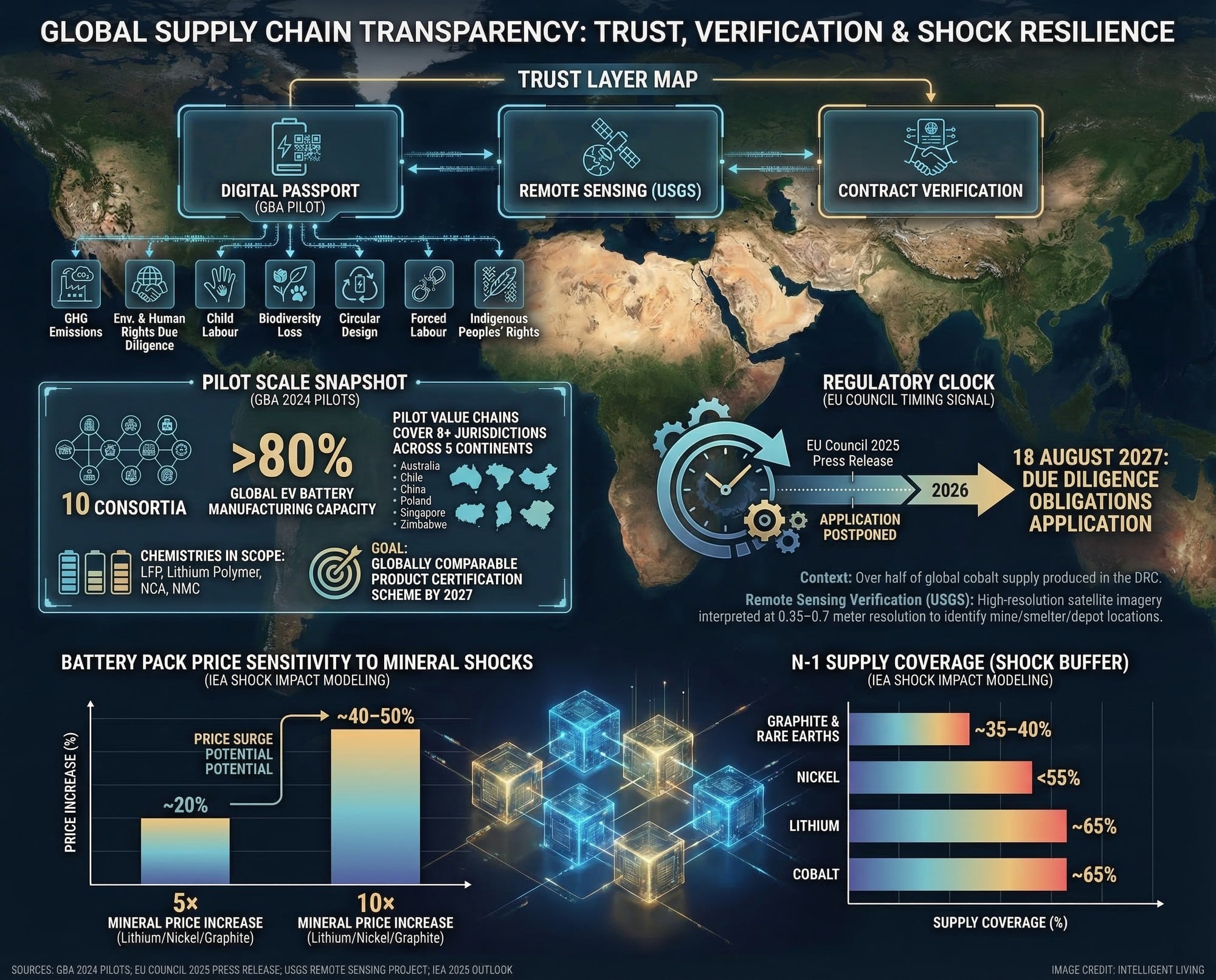 A transparency-tech dashboard linking battery passports, satellite verification, due diligence timelines, and early warning signals for mineral shocks.