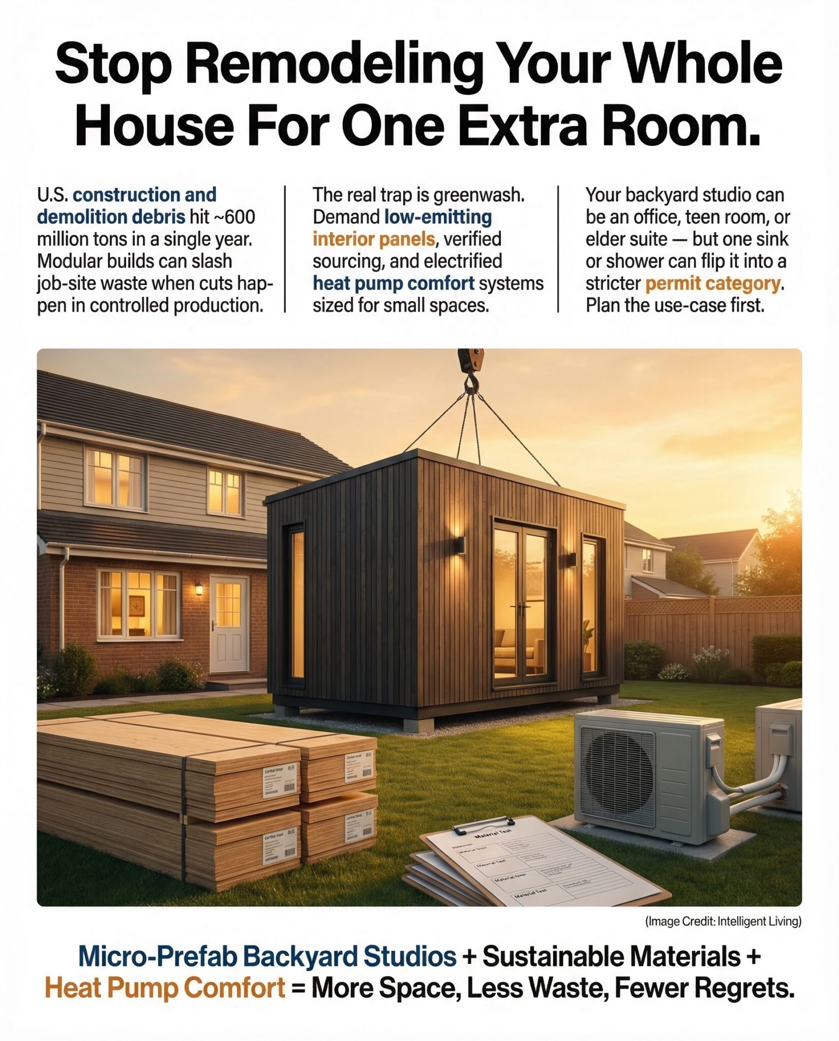 A bold, data-driven meme explaining why micro-prefab add-ons can cut construction waste and energy use when built with verified low-tox materials and electrified systems.