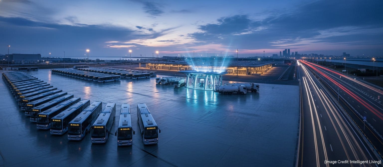 Ultra-wide depot-to-corridor scene showing buses and freight vehicles staged near a central fueling node with glowing corridor lights extending outward.