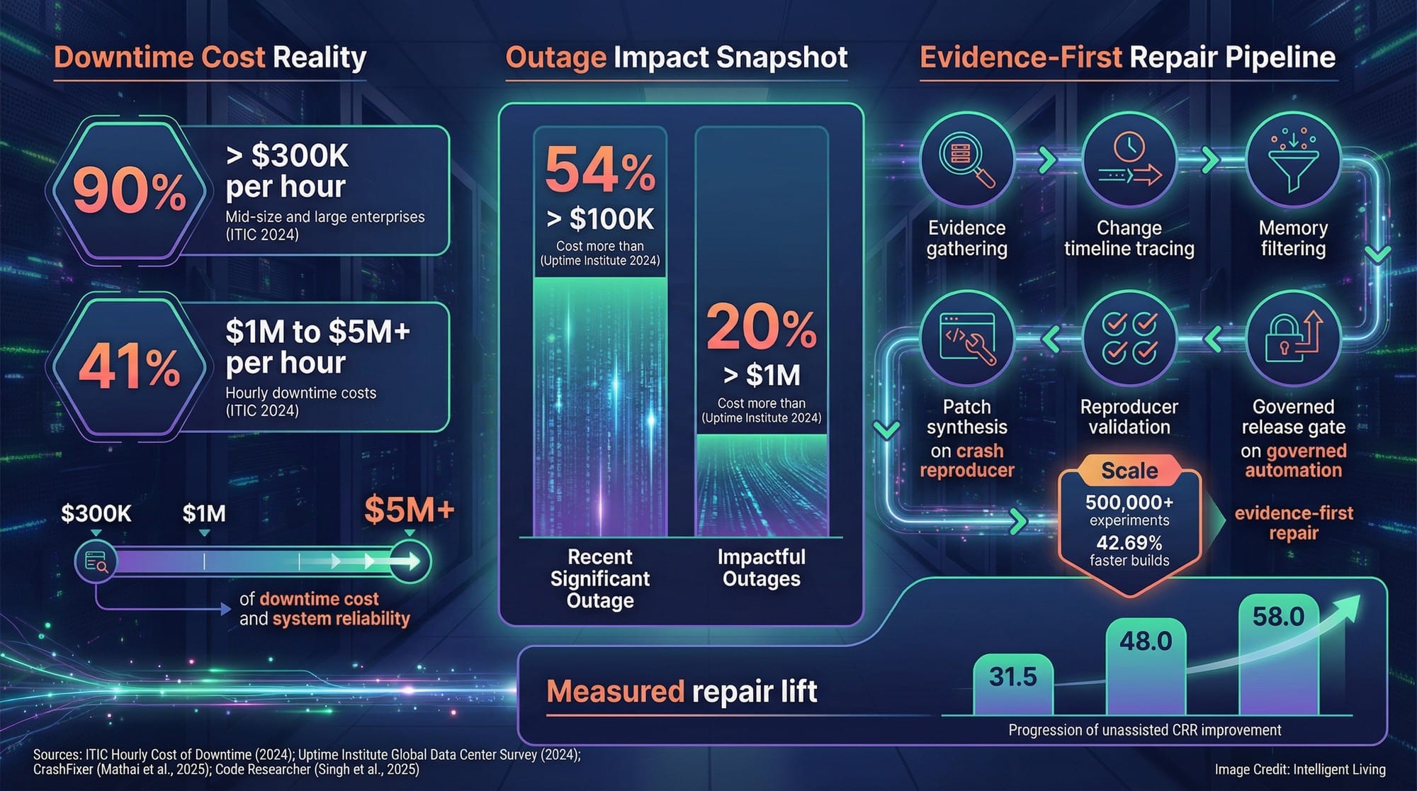A reliability economics visualization linking downtime cost data to a research-to-validation repair pipeline and scaled experimentation.