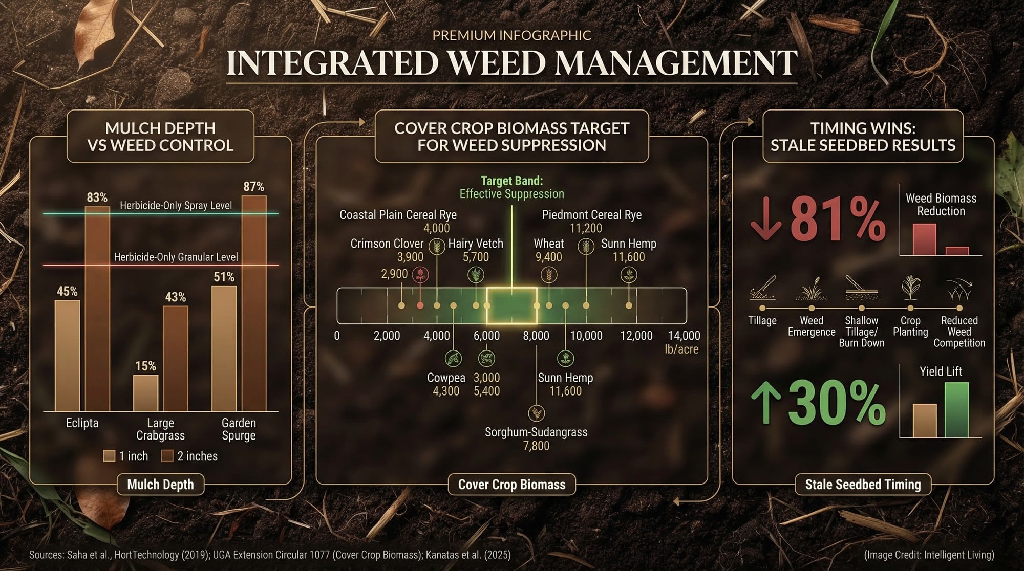 Multi-graph infographic showing mulch depth suppression, cover-crop biomass targets, and stale seedbed results on weed biomass and yield.