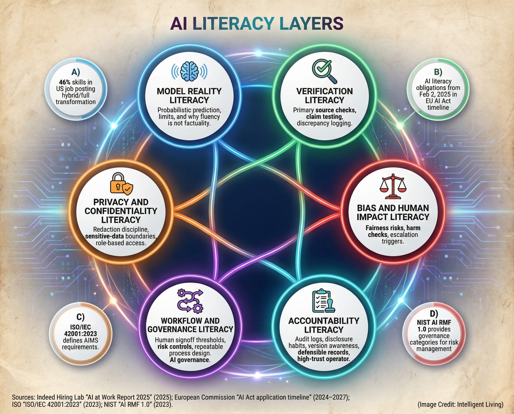 Network diagram showing six connected AI literacy layers with icons, plus standards references and data points that justify high-trust verification work.