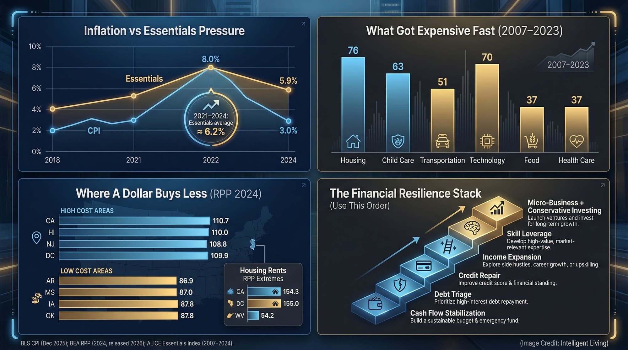 A data dashboard comparing inflation, essentials inflation, regional price gaps, and a step-by-step resilience stack ladder.