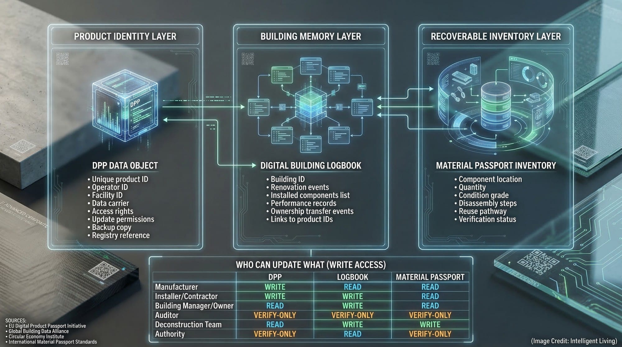 A clear architecture diagram showing how a product-level passport connects to building logbooks and a material passport inventory layer.