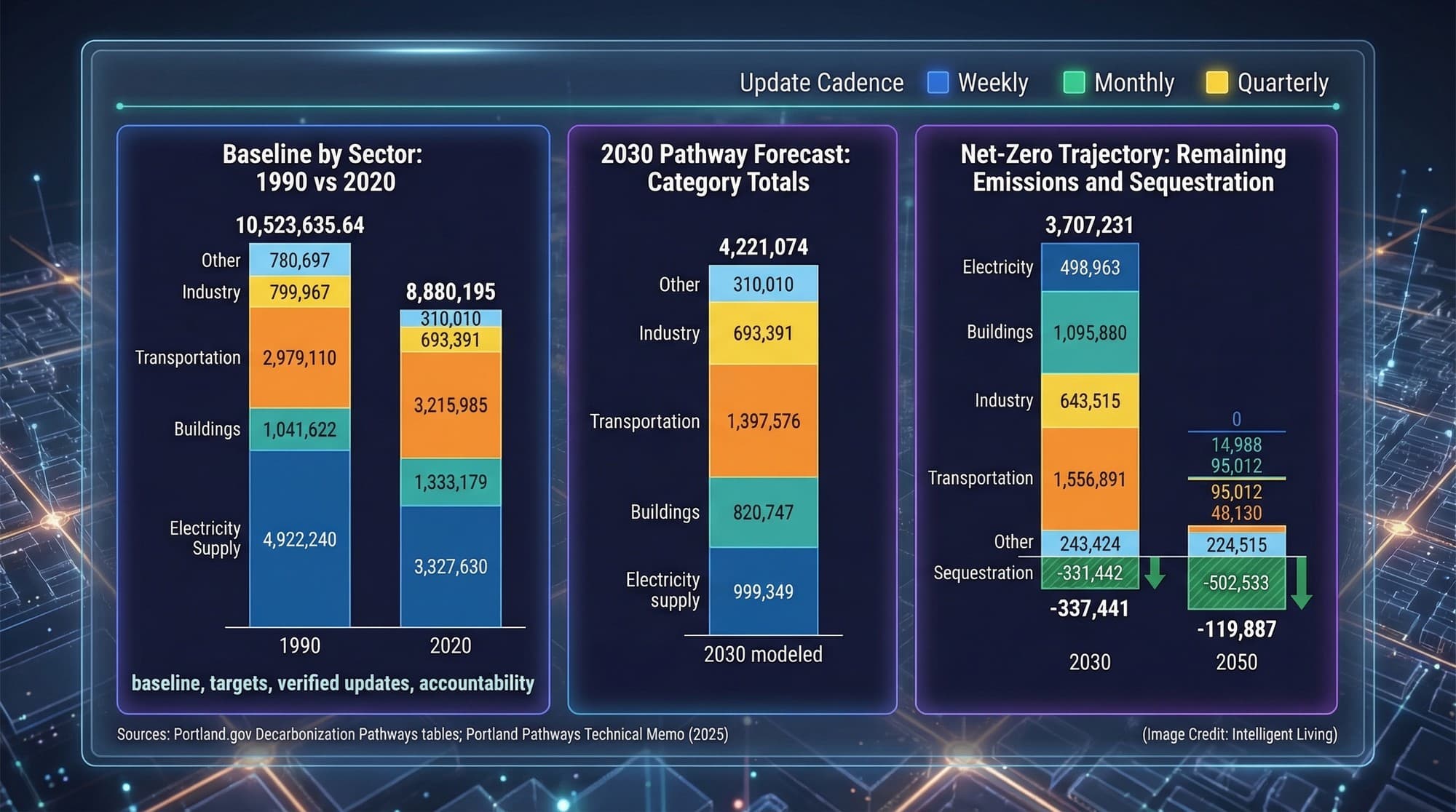 A civic dashboard visualization showing emissions baselines, forecast pathways, and story-style update cadence.