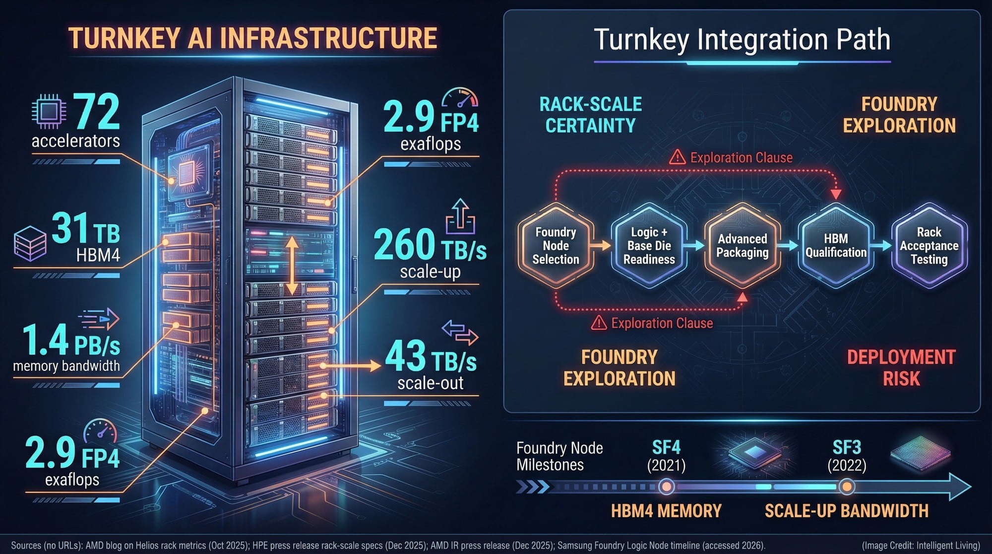 A rack-scale AI system diagram with quantified performance, memory capacity, memory bandwidth, and a foundry-to-packaging-to-rack deployment flow showing why integration reduces delays.