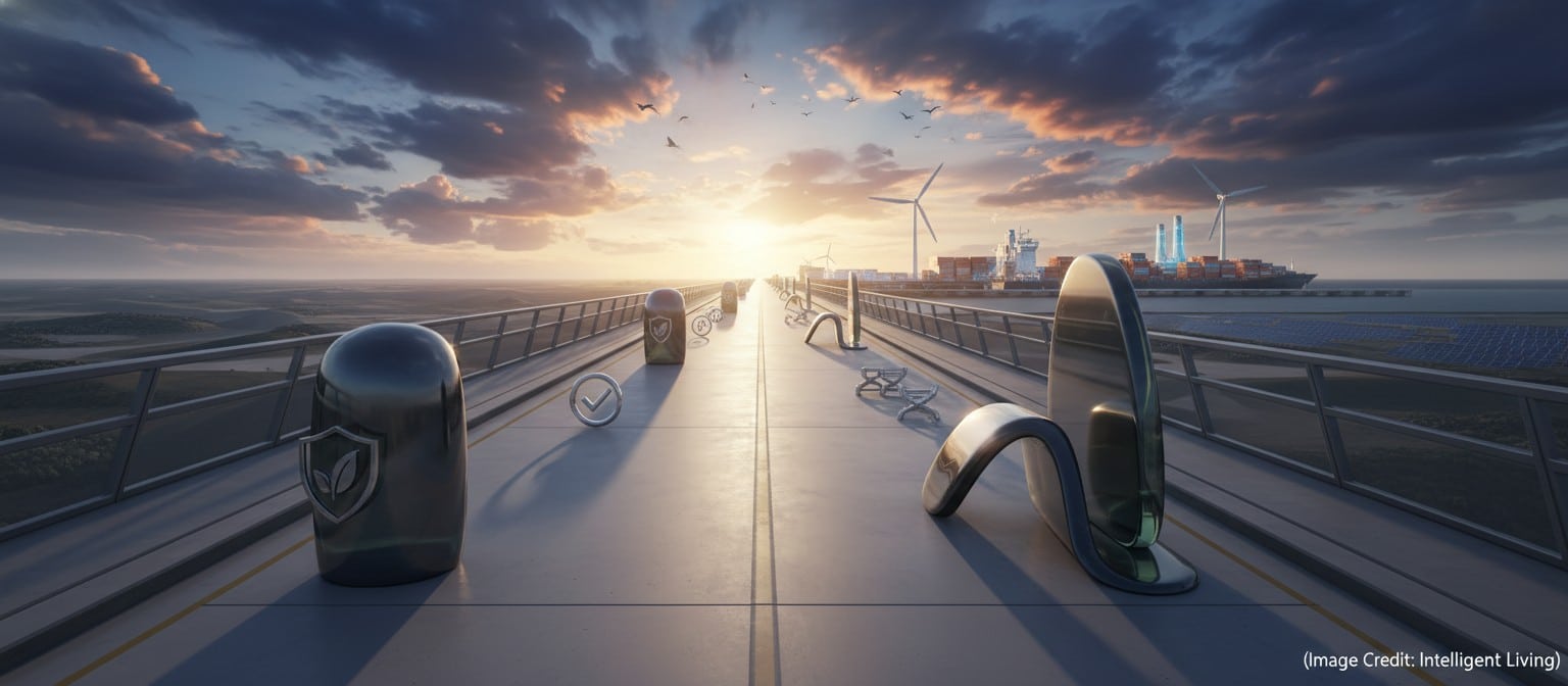 A cinematic scene blending industrial energy infrastructure and shipping with symbolic milestone markers and progress cues.