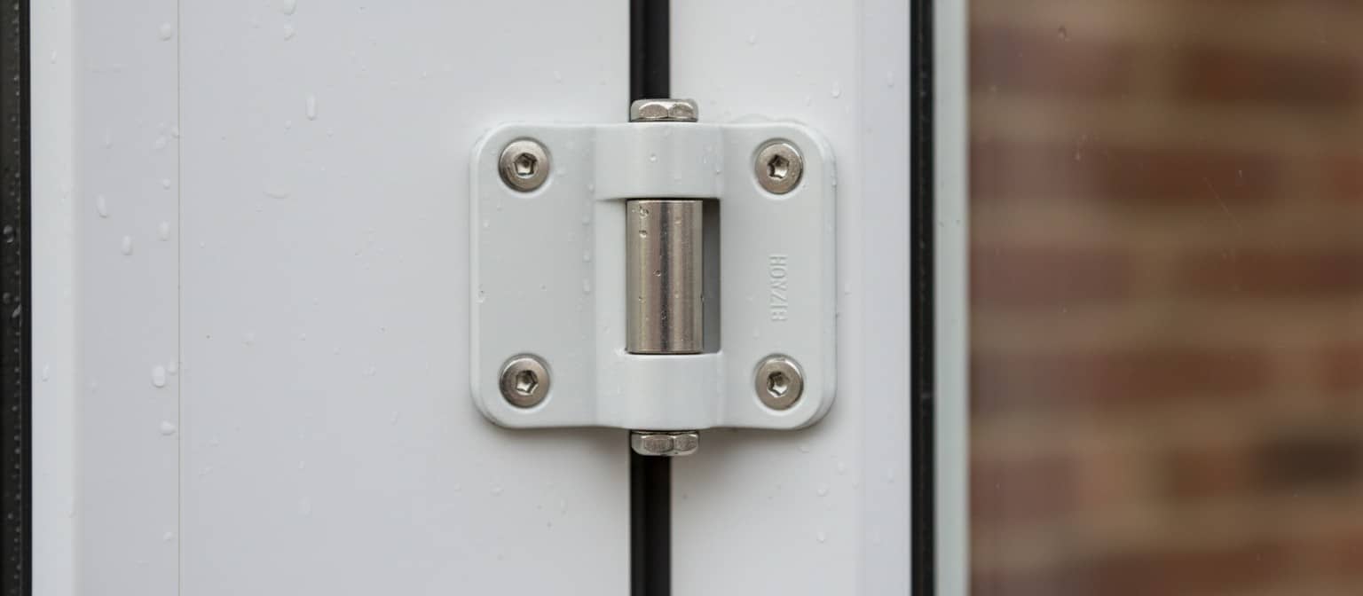 A close-up view of a flag hinge on a white uPVC door being adjusted.