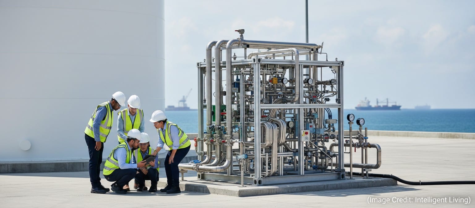 Engineers inspecting a modular industrial test skid connected to a large storage tank at a coastal pilot site.