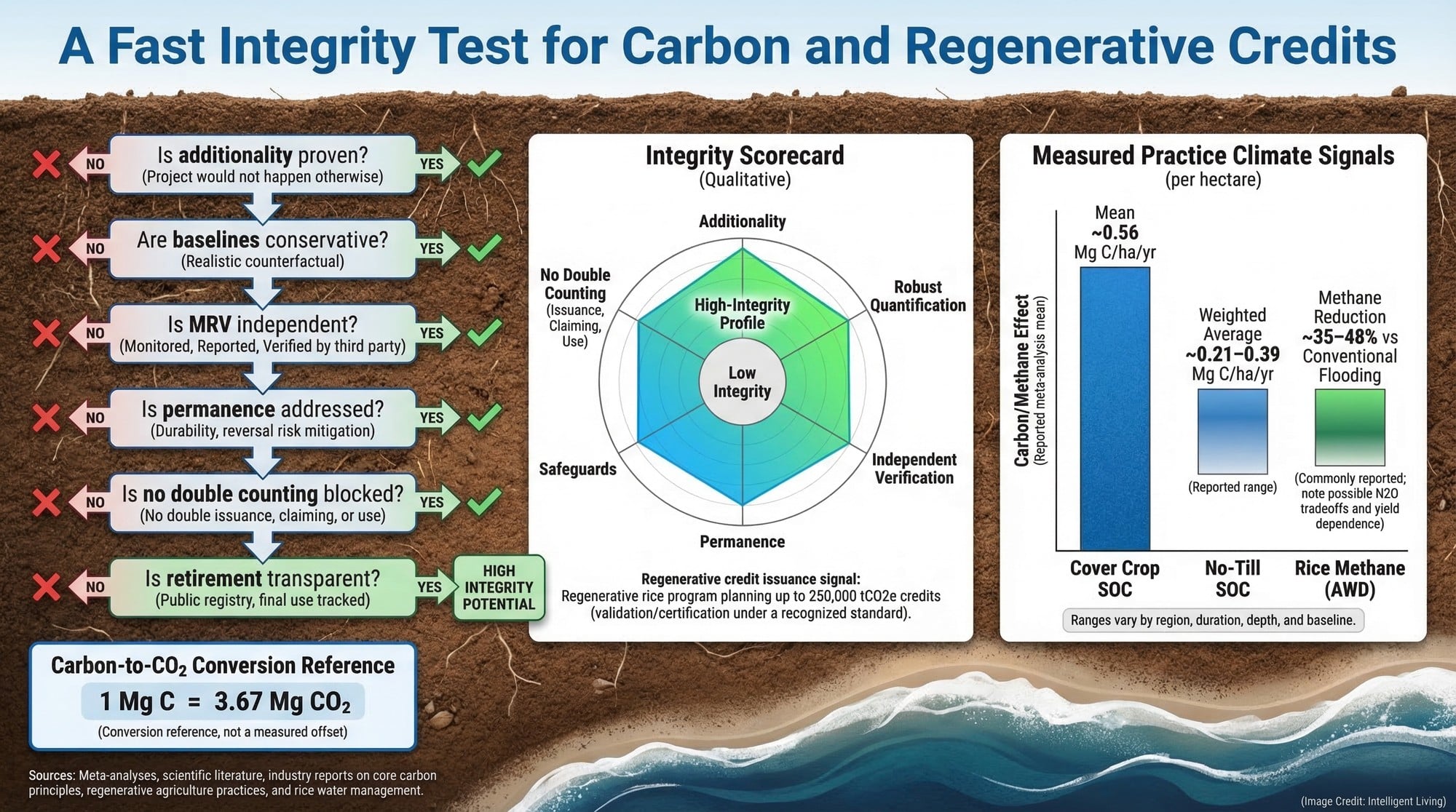 A decision-flow plus quantitative chart showing how to evaluate credit integrity and compare measured regenerative practice climate impacts.