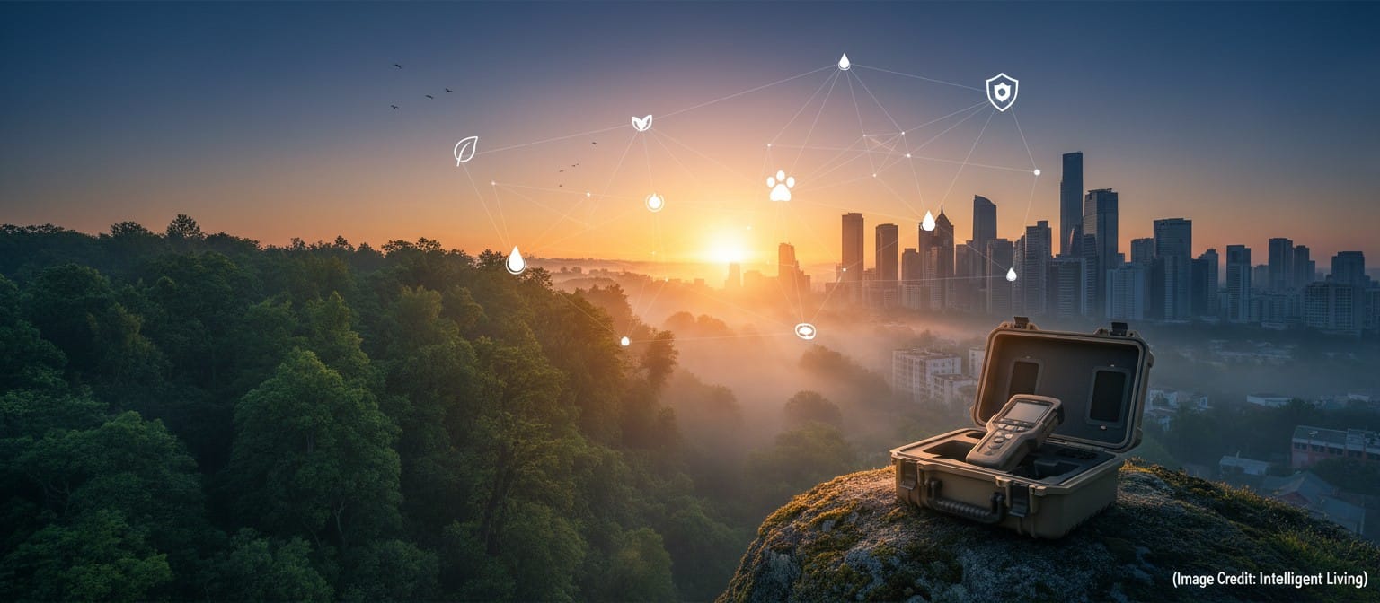 Wide cinematic scene showing nature–city boundary with subtle prevention icons and a data-network overlay, representing One Health, spillover prevention, and early outbreak detection.