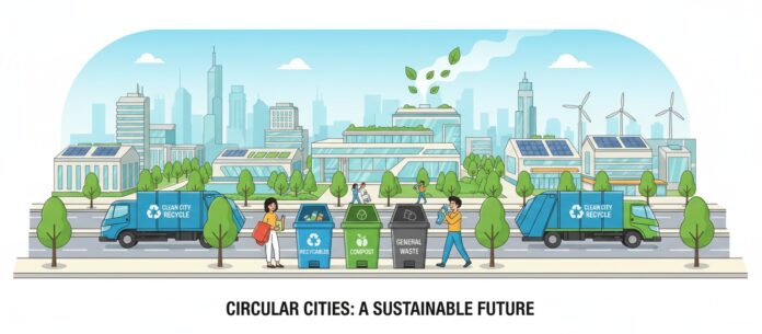 waste-management-climate-action A stylized illustration of a modern waste management system in a city, showing recycling, composting, and clean waste collection vehicles to symbolize sustainable climate action.