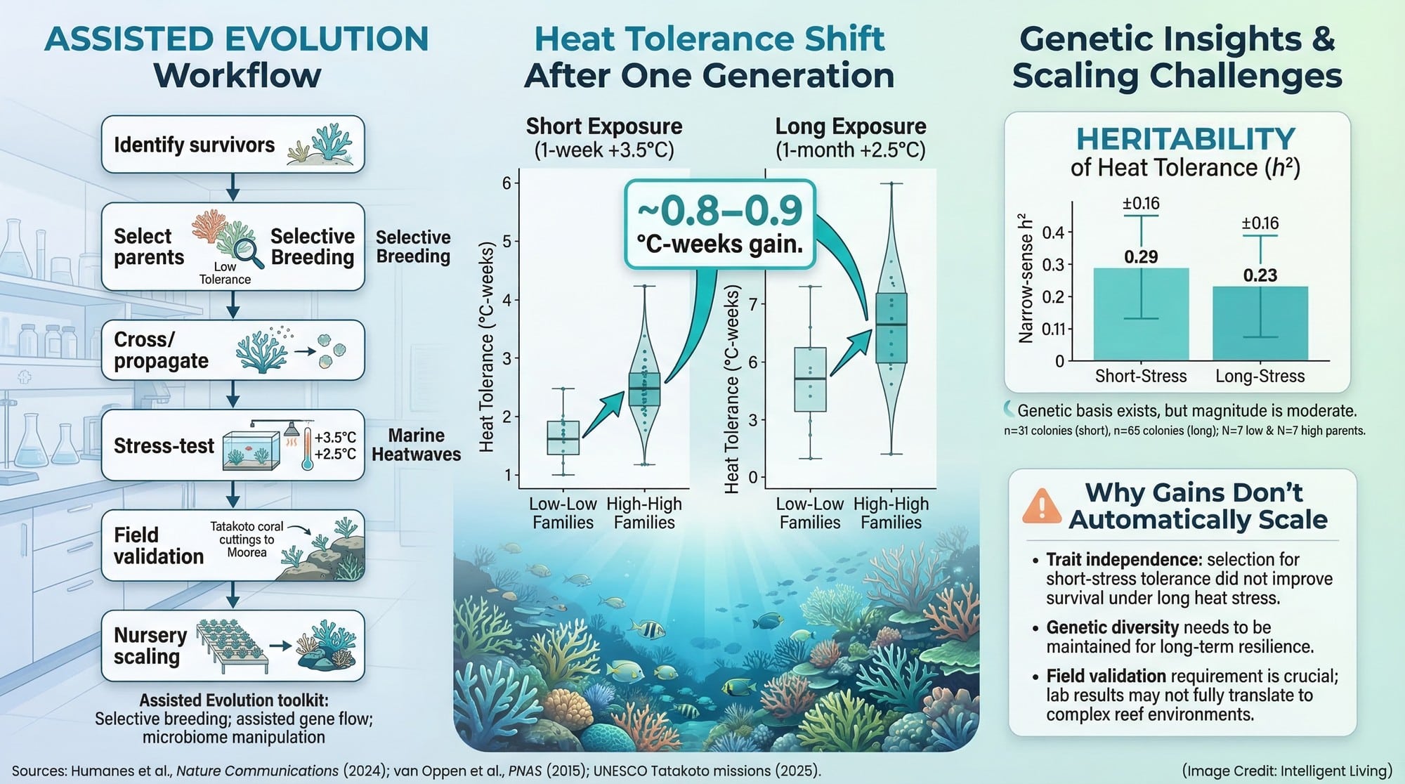 A multi-graph explainer showing selective breeding heat tolerance gains, heritability ranges, and scaling constraints for reef restoration.