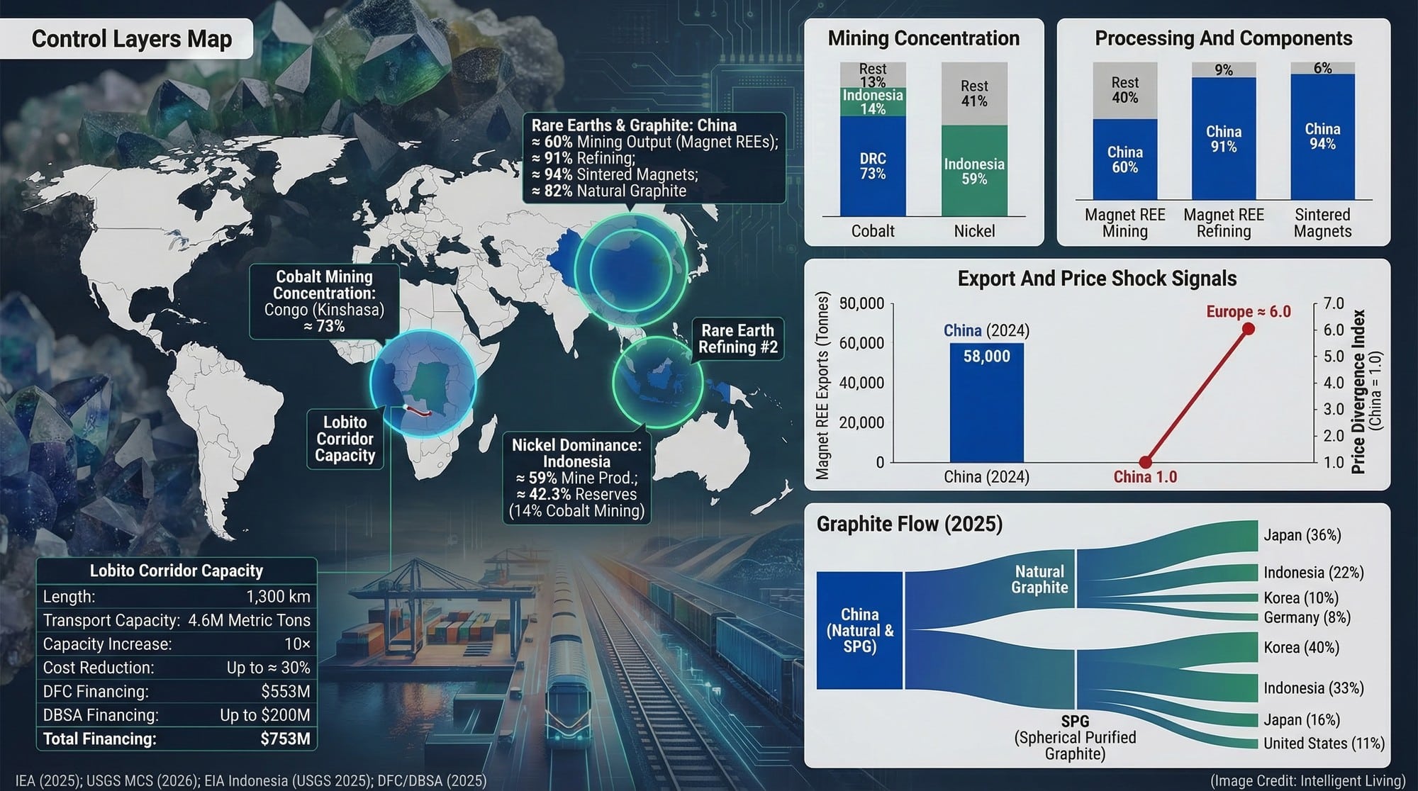 A multi-layer supply chain control map showing mining concentration, refining dominance, magnet manufacturing, and logistics corridors.