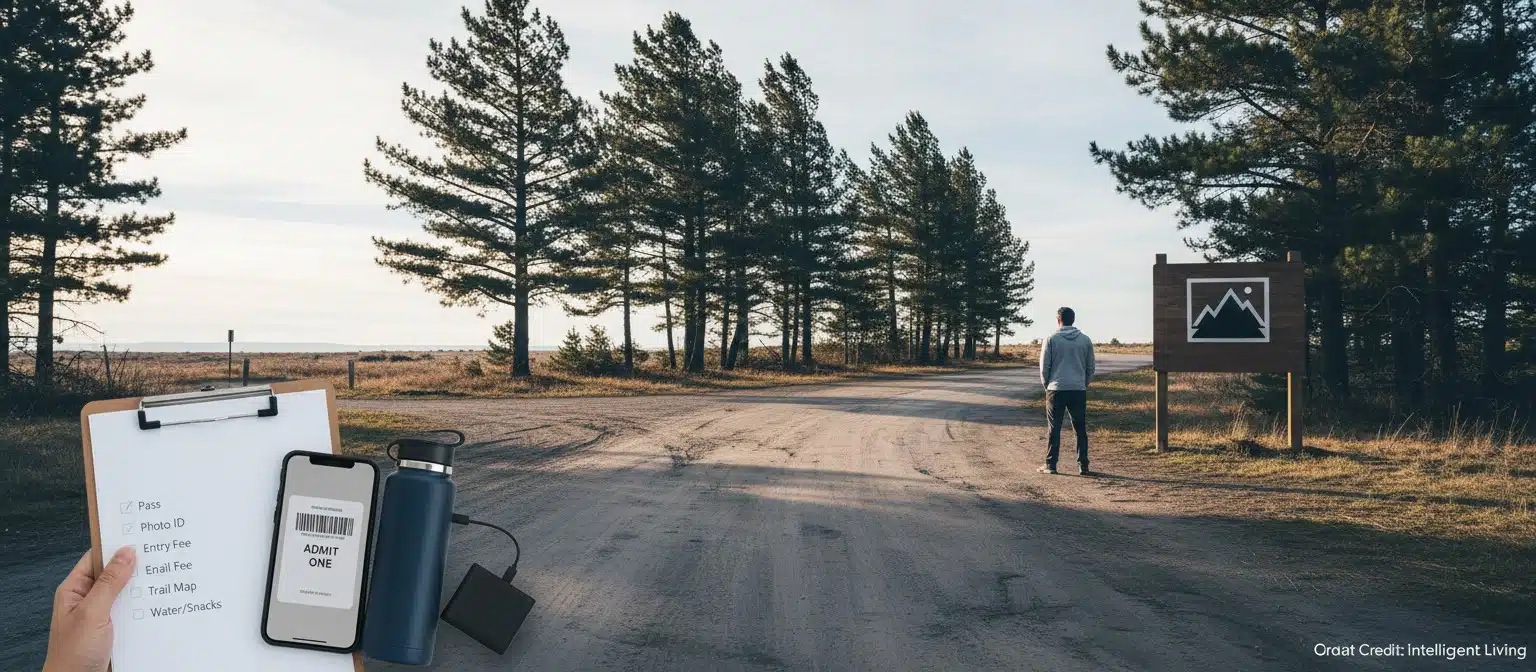 Quiet shoulder-season trailhead with a park entrance sign, a smartphone showing a digital pass, and a simple checklist for photo ID and entry fees.