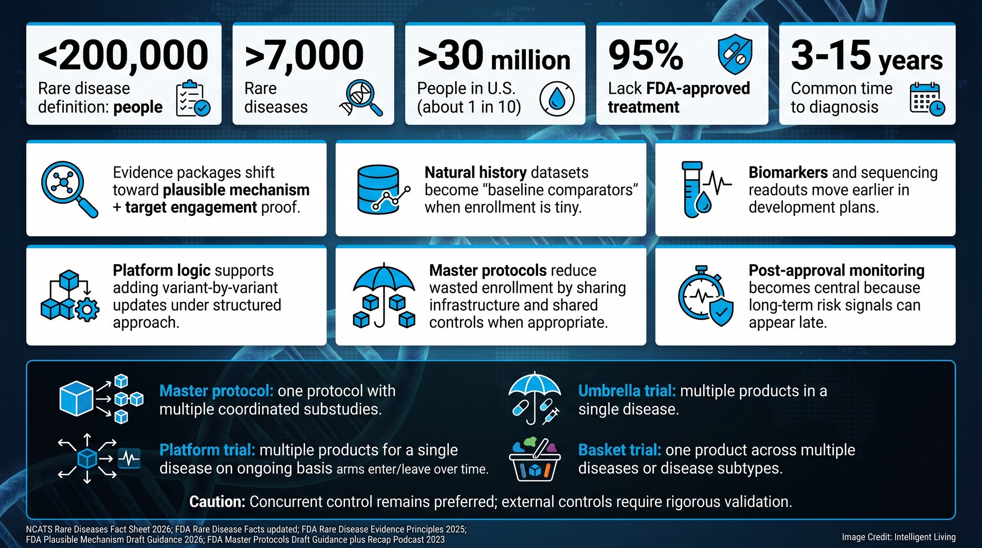 Data-driven layout with rare disease burden statistics, six implication cards for FDA's plausible mechanism pathway, and a compact glossary explaining master protocol trial designs.